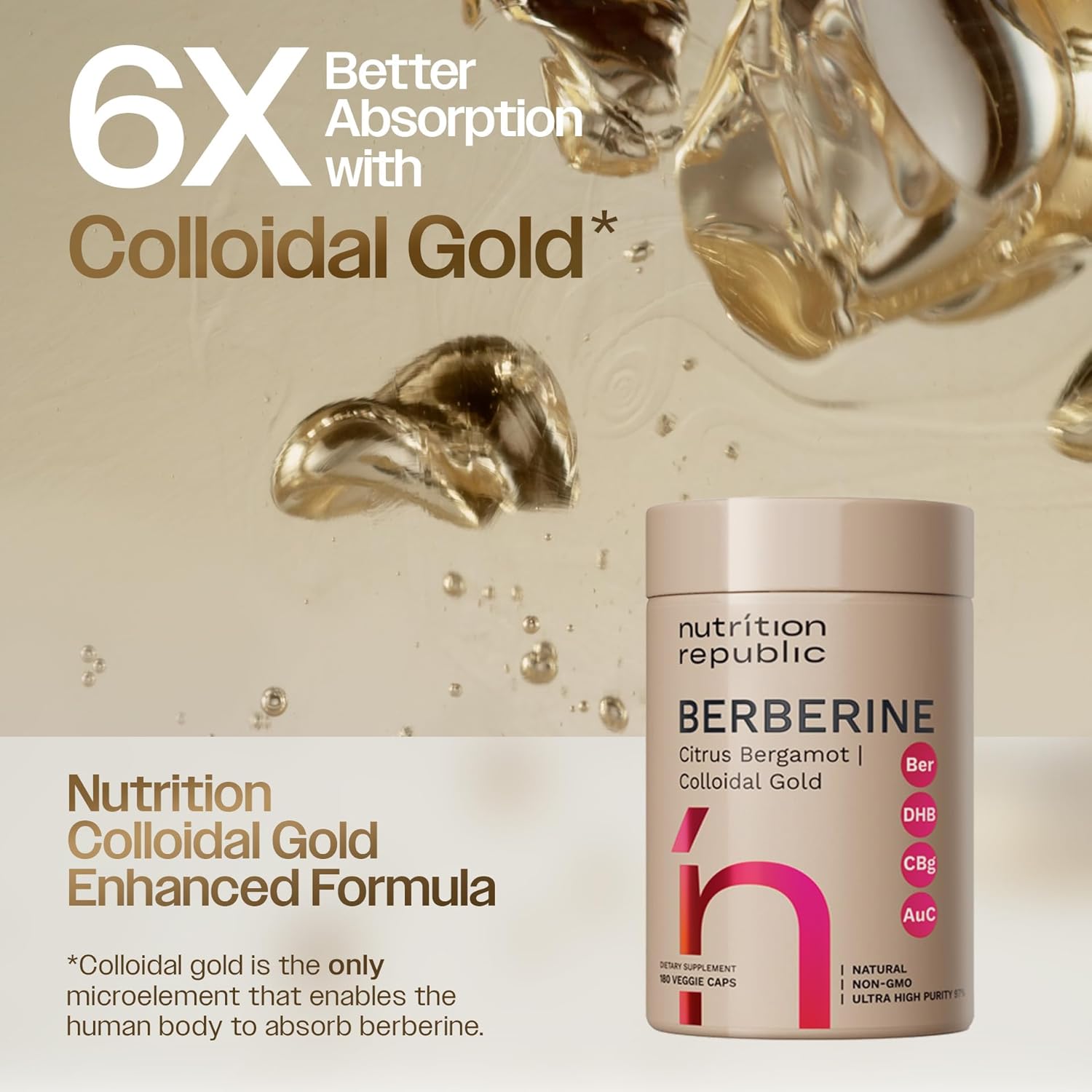 Ultra High Potency Berberine Complex Supplement with Citrus Bergamot & Colloidal Gold - 180 Capsules