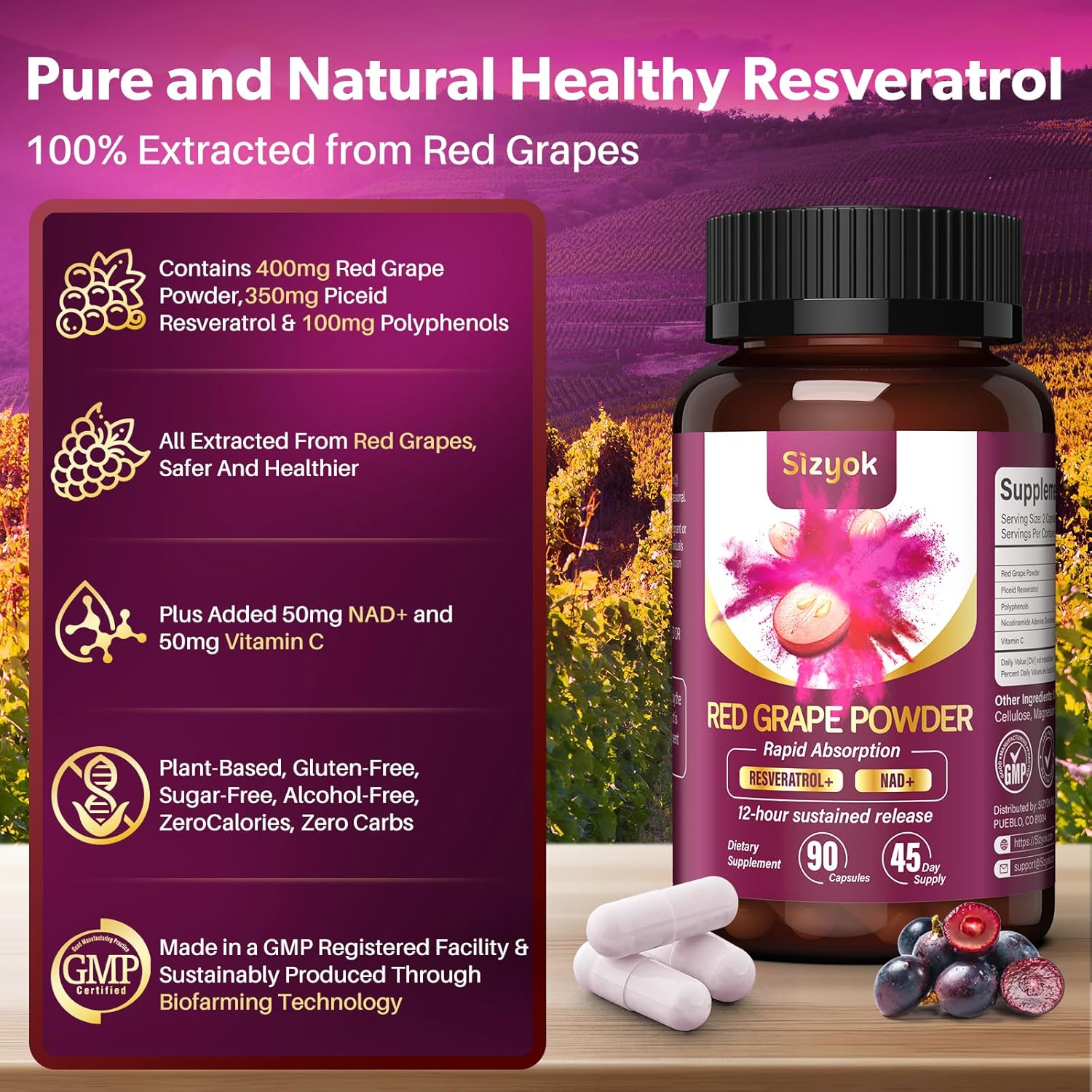 Ultra High Purity Sizyok Piceid Resveratrol Supplement with NAD+ Cell Regenerator for Heart Health and Metabolism, Red Grape Powder, 45 Day Supply