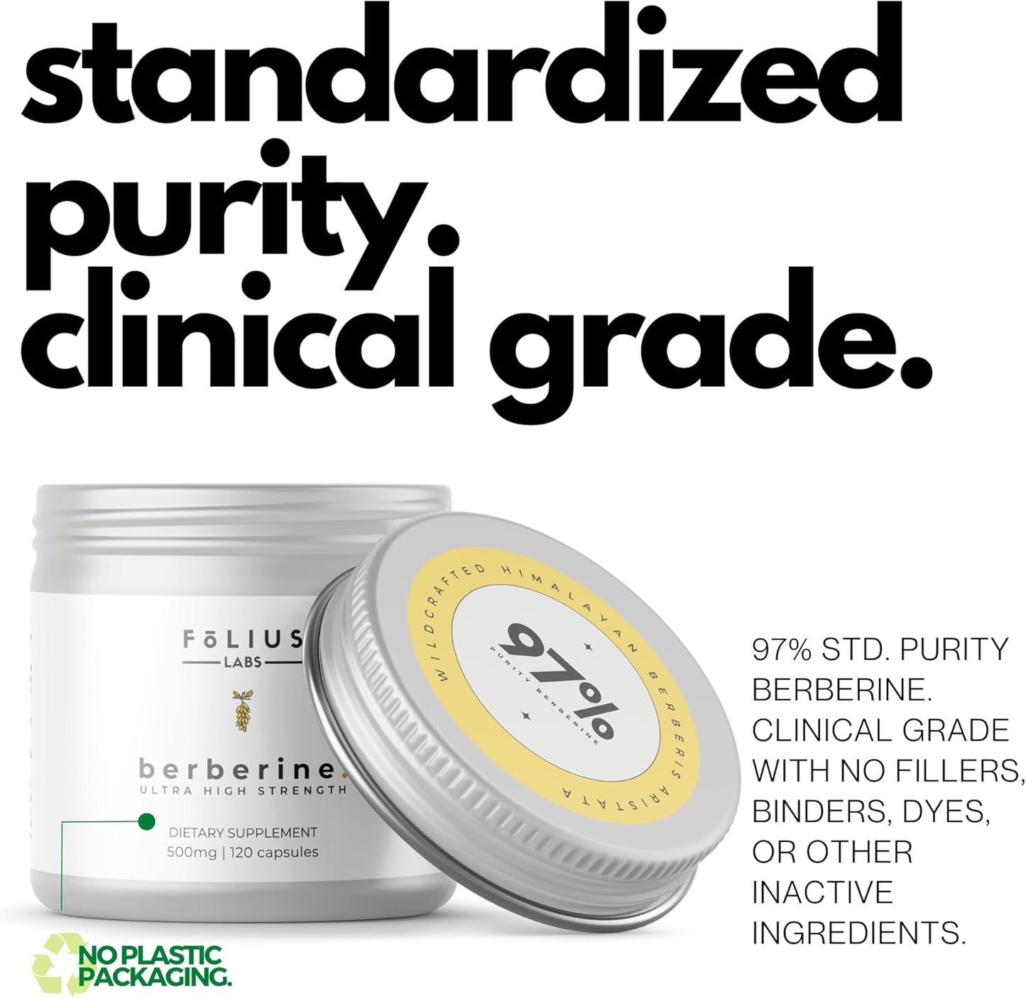 Ultra High Strength Berberine HCl 97% Supplement - 500mg Pure Berberine - 120 Capsules by FOLIUS LABS