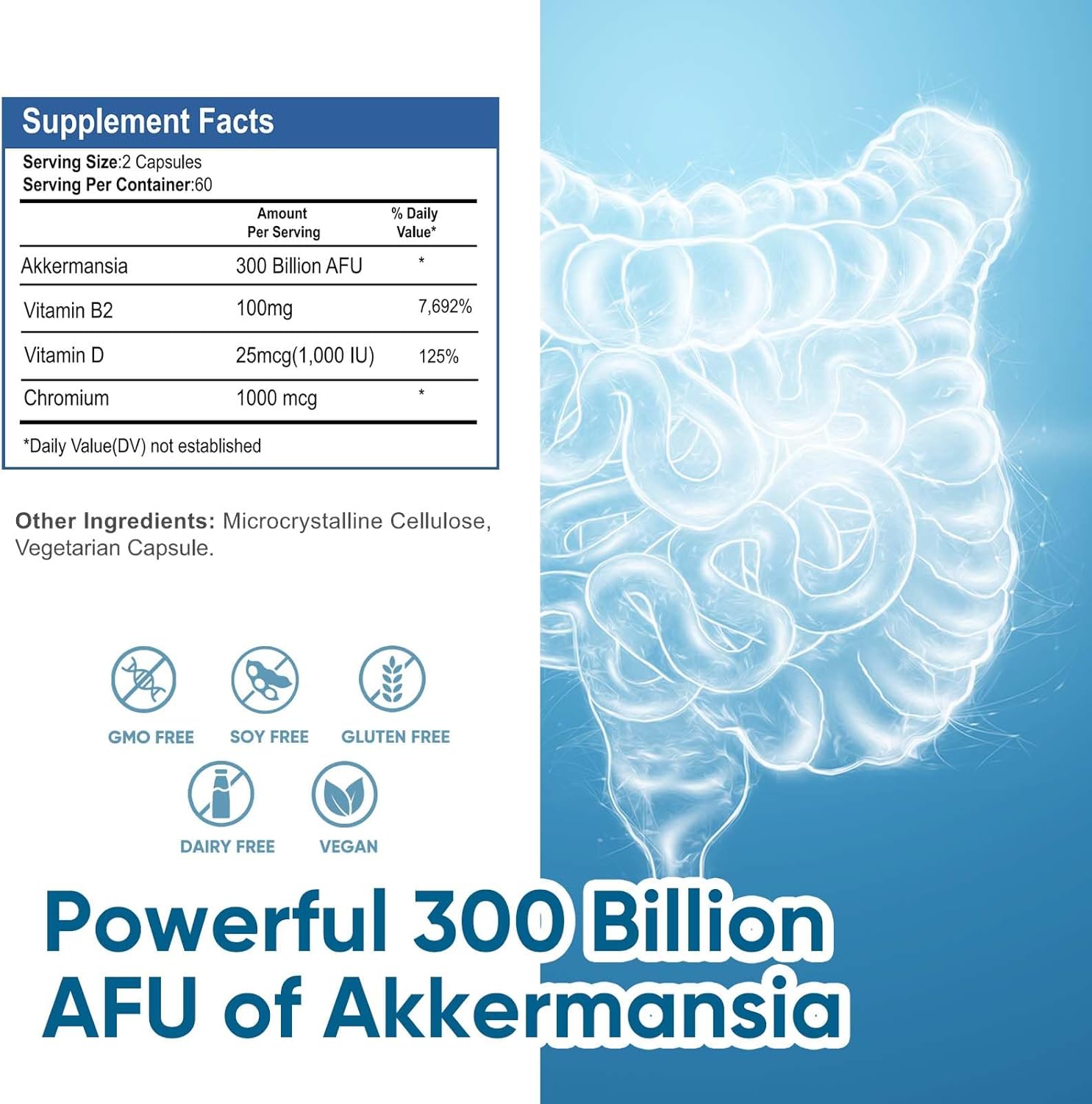 Ultra High Strength DQQI Akkermansia Probiotic Supplement with 300 Billion AFU Live Strain for Gut Health, Immune Support, and Overall Wellness - 120 Capsules for Men and Women