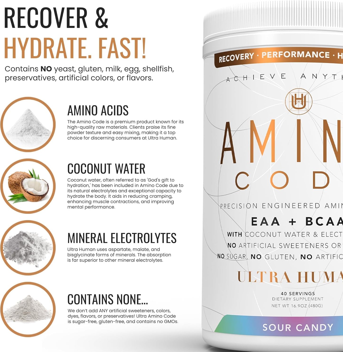 Ultra Human Amino Code: Fast Hydration Workout Recovery Drink - Sour Candy Flavor, Clean Formula with Essential Amino Acids, BCAAs, and Coconut Water Electrolytes - 40 Servings