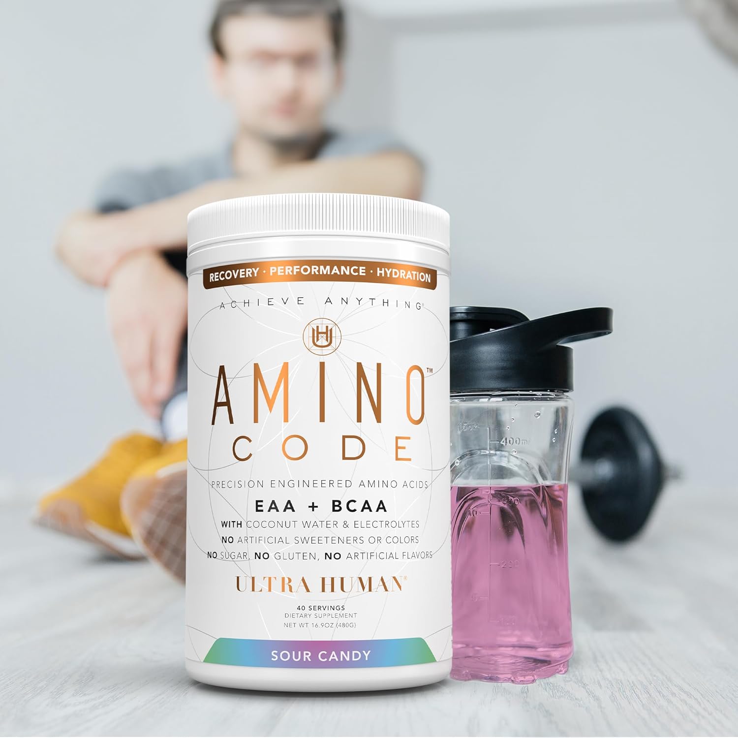 Ultra Human Amino Code: Fast Hydration Workout Recovery Drink - Sour Candy Flavor, Clean Formula with Essential Amino Acids, BCAAs, and Coconut Water Electrolytes - 40 Servings