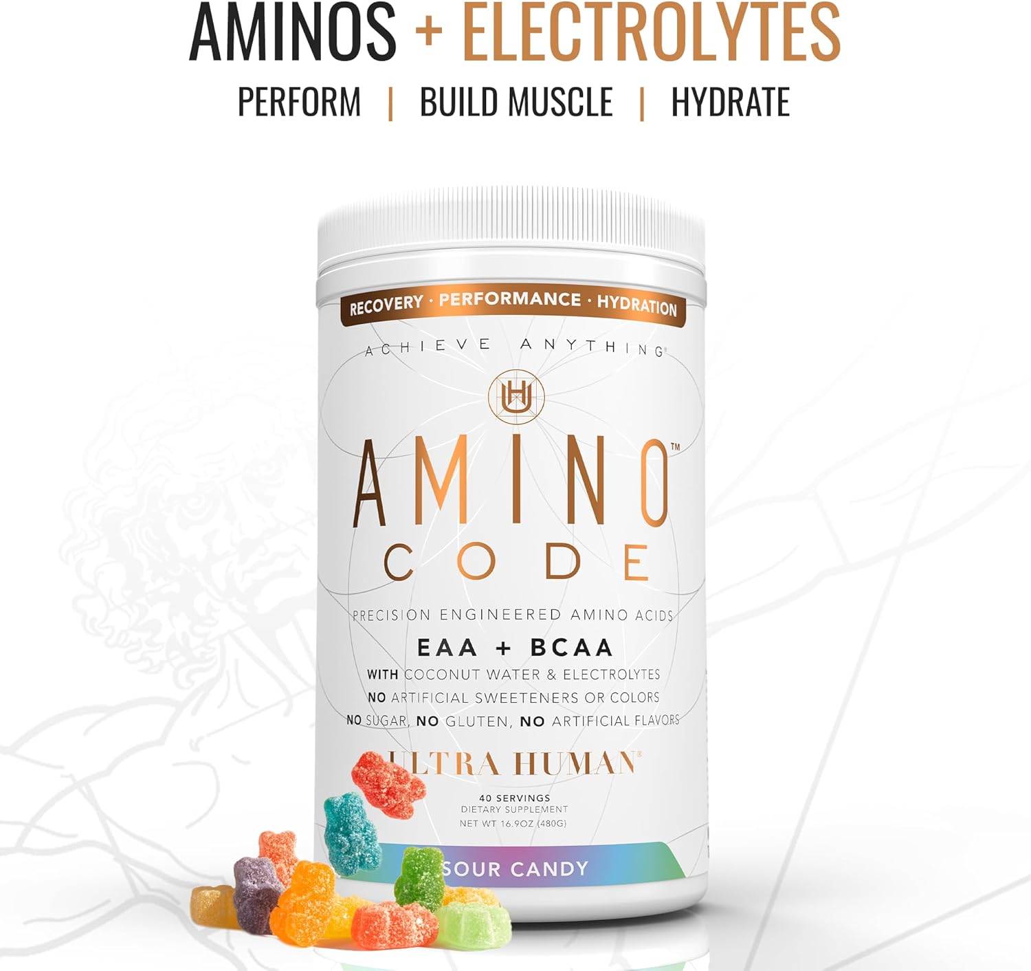 Ultra Human Amino Code: Fast Hydration Workout Recovery Drink - Sour Candy Flavor, Clean Formula with Essential Amino Acids, BCAAs, and Coconut Water Electrolytes - 40 Servings