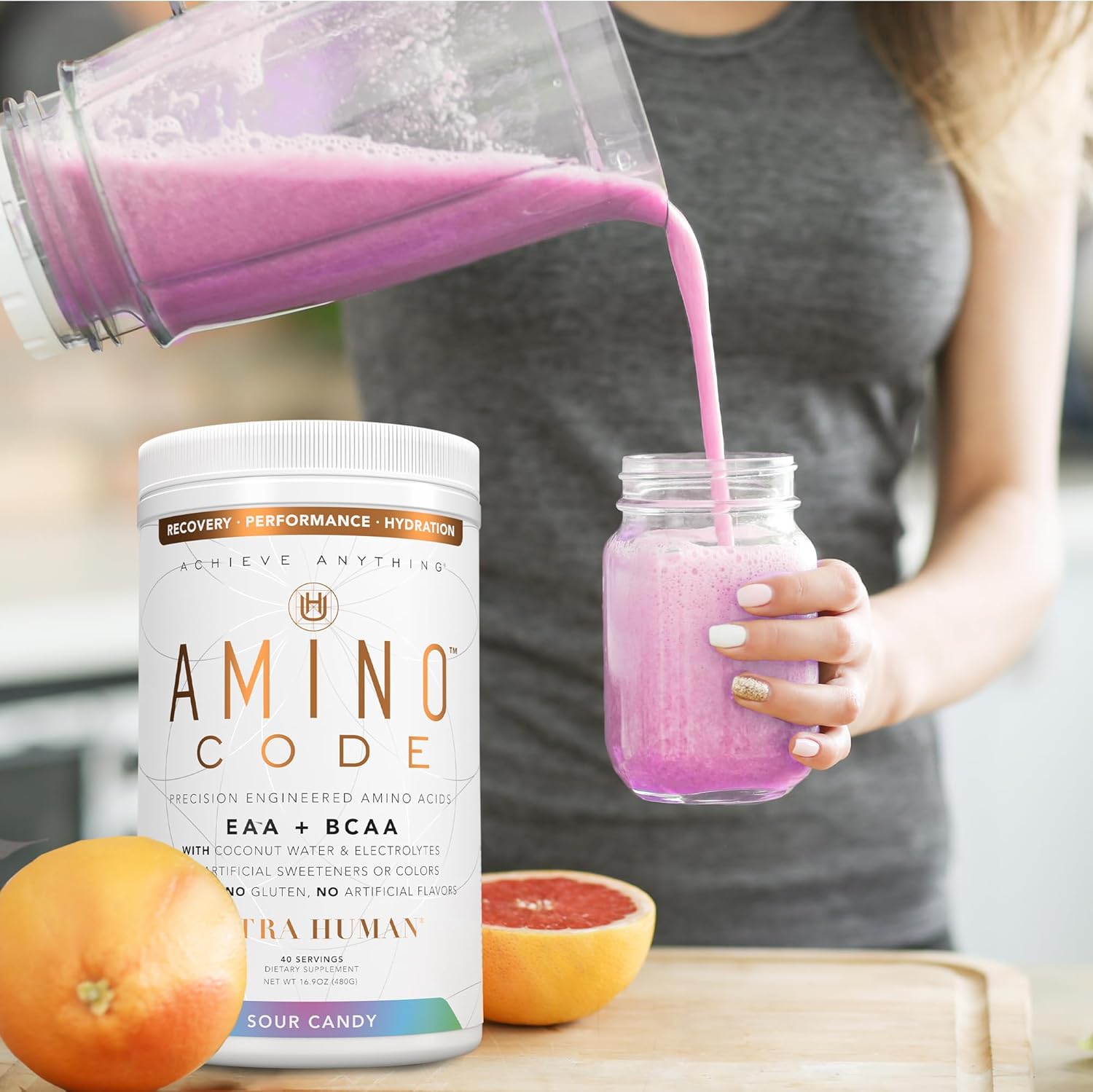 Ultra Human Amino Code: Fast Hydration Workout Recovery Drink - Sour Candy Flavor, Clean Formula with Essential Amino Acids, BCAAs, and Coconut Water Electrolytes - 40 Servings
