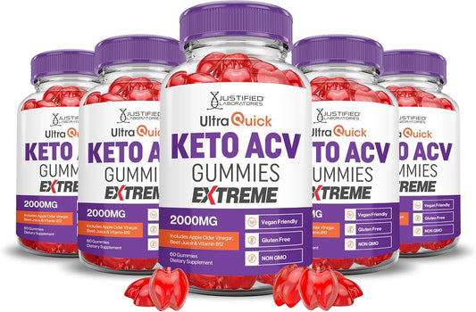Ultra Quick Keto ACV Gummies (5 Pack) - 2000MG Extreme Formula with Pomegranate Beet Juice Powder - Vegan Non GMO - 300 Gummies