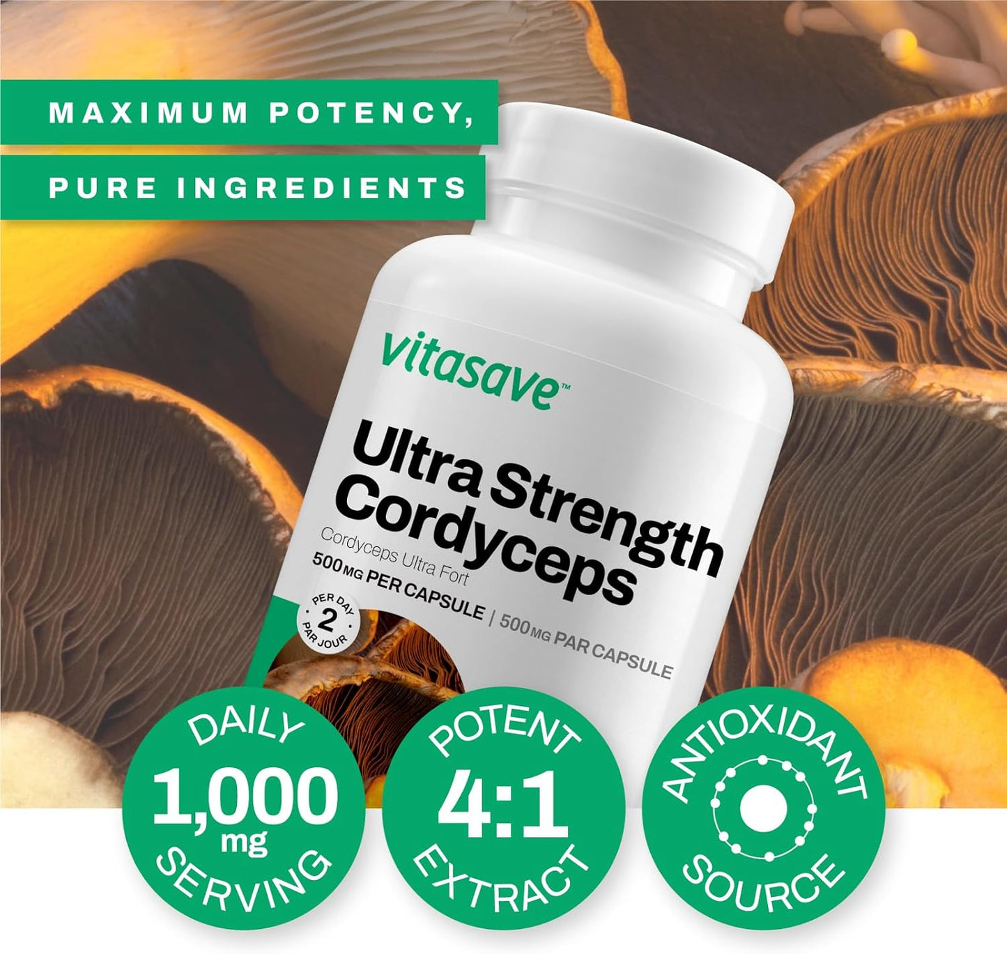 Ultra Strength 1000mg Cordyceps Mushroom Capsules for Natural Energy and Endurance Support - Non-GMO, Gluten-Free - 60 Day Supply