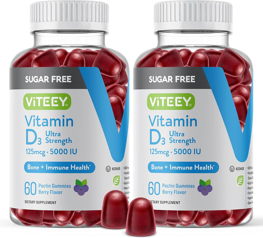 Ultra Strength Vitamin D3 Gummies for Adults & Teens - 5,000 IU, 125mcg - Sugar Free, Bone Health, Immune Boost - Vegetarian Berry Gummy