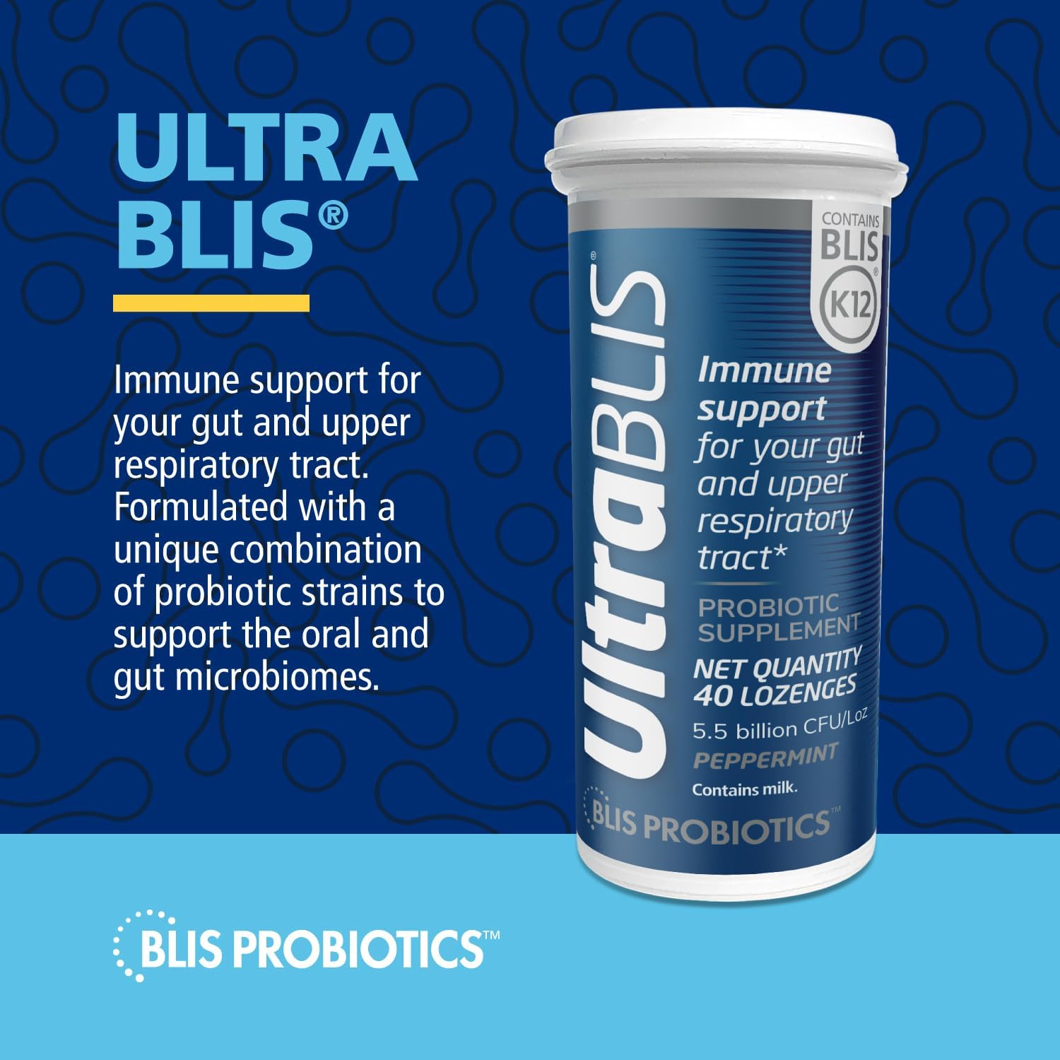 UltraBLIS Probiotic Immune Support Supplement - Gut and Oral Probiotics for Daily Immunity - Scientifically Tested Strains with K12 - 40 Lozenges