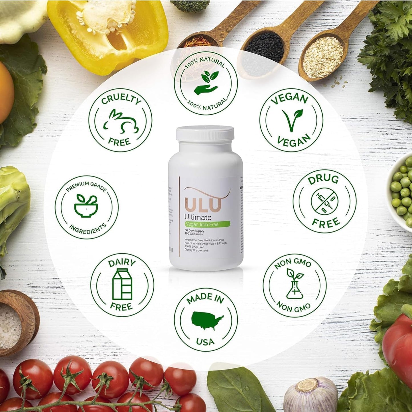 ULULIFE Ultimate Multivitamin: Vegan Blend for Stronger Hair, Skin, & Nails, Improved Antioxidant & Energy Levels, Better Sleep & Less Stress - 180 Capsules