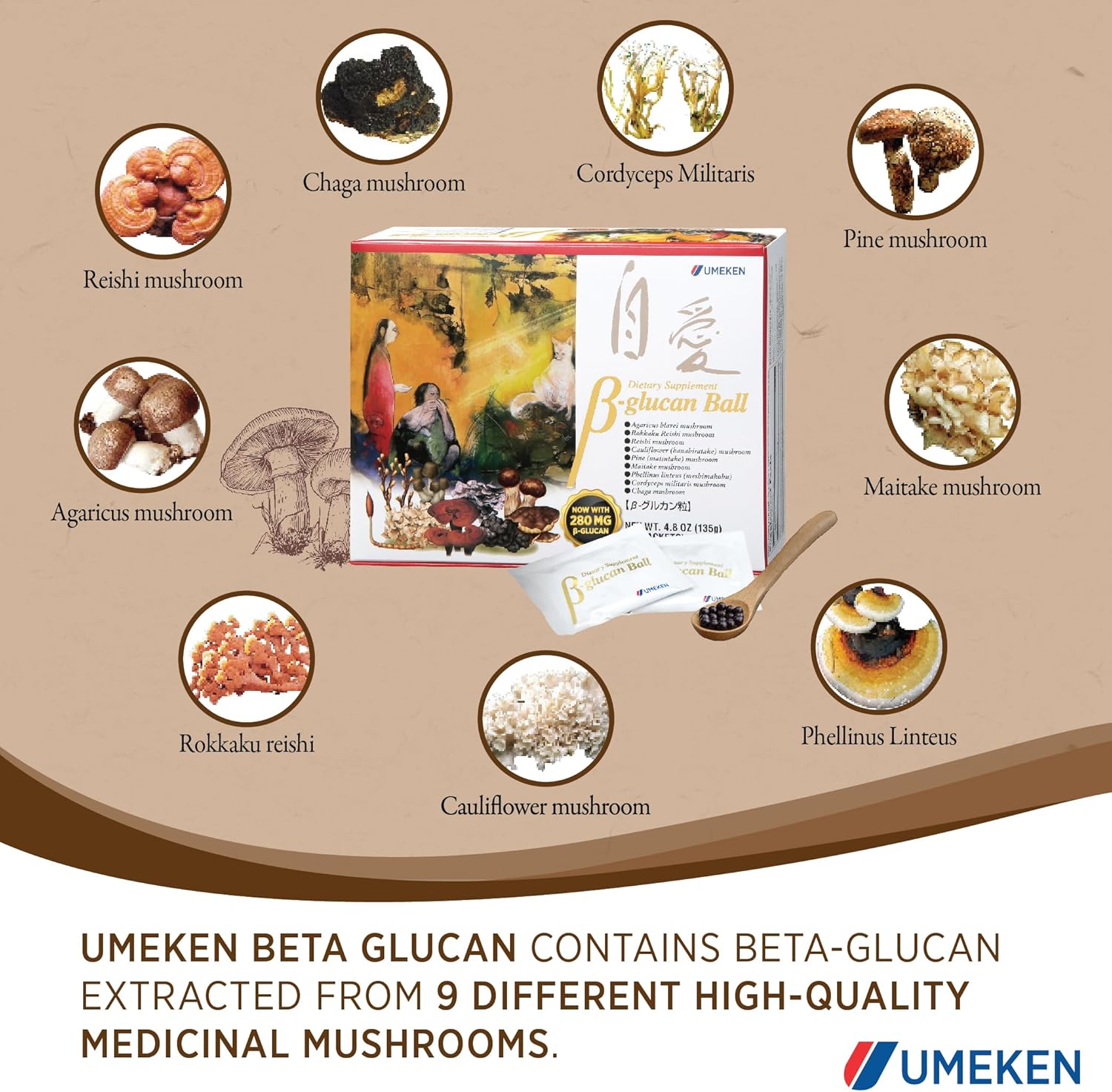 Umeken Beta Glucan Mushroom Extract Supplement, Immune Boost, 90 Packets, 3 Month Supply