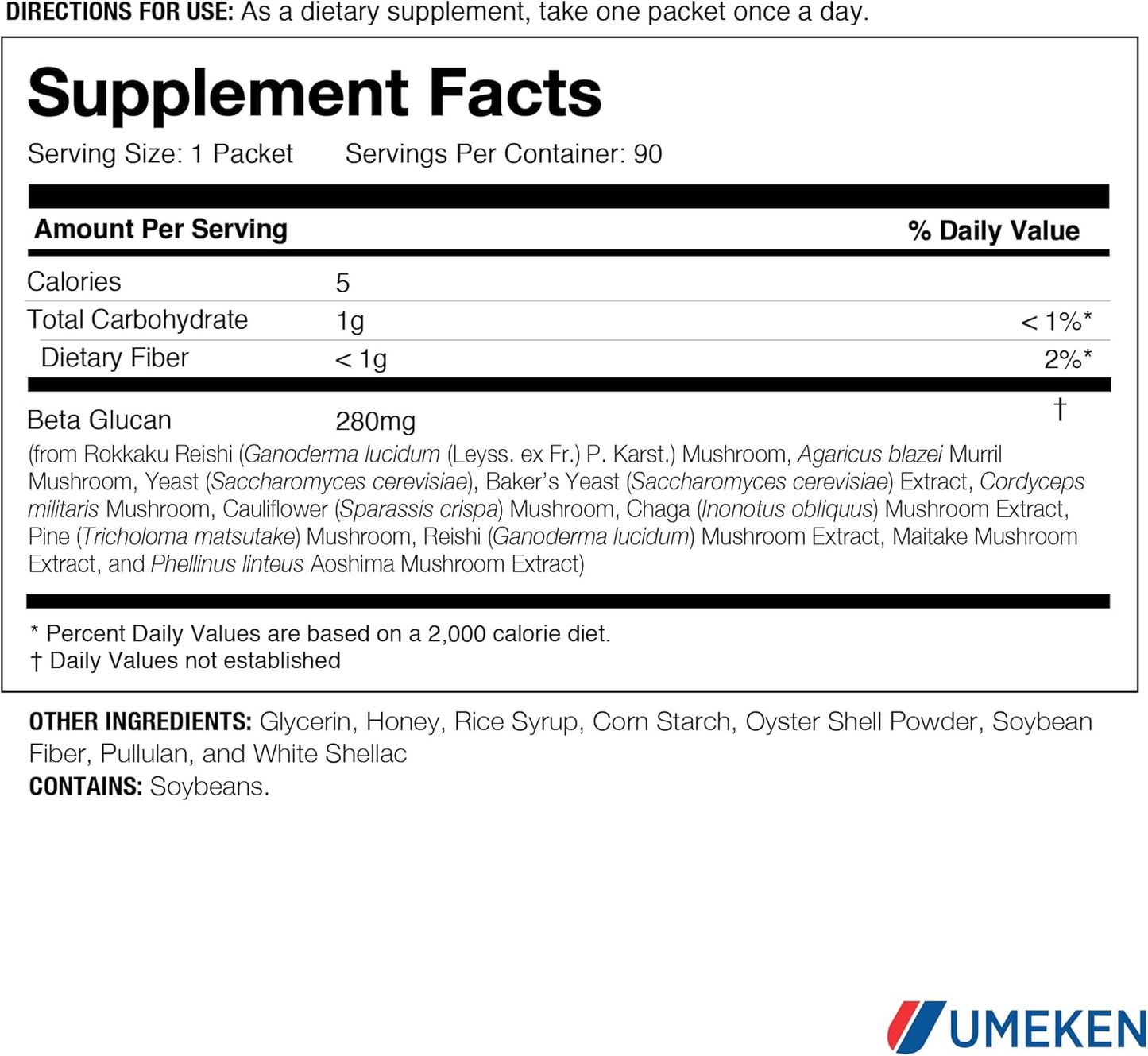 Umeken Beta Glucan Mushroom Extract Supplement, Immune Boost, 90 Packets, 3 Month Supply