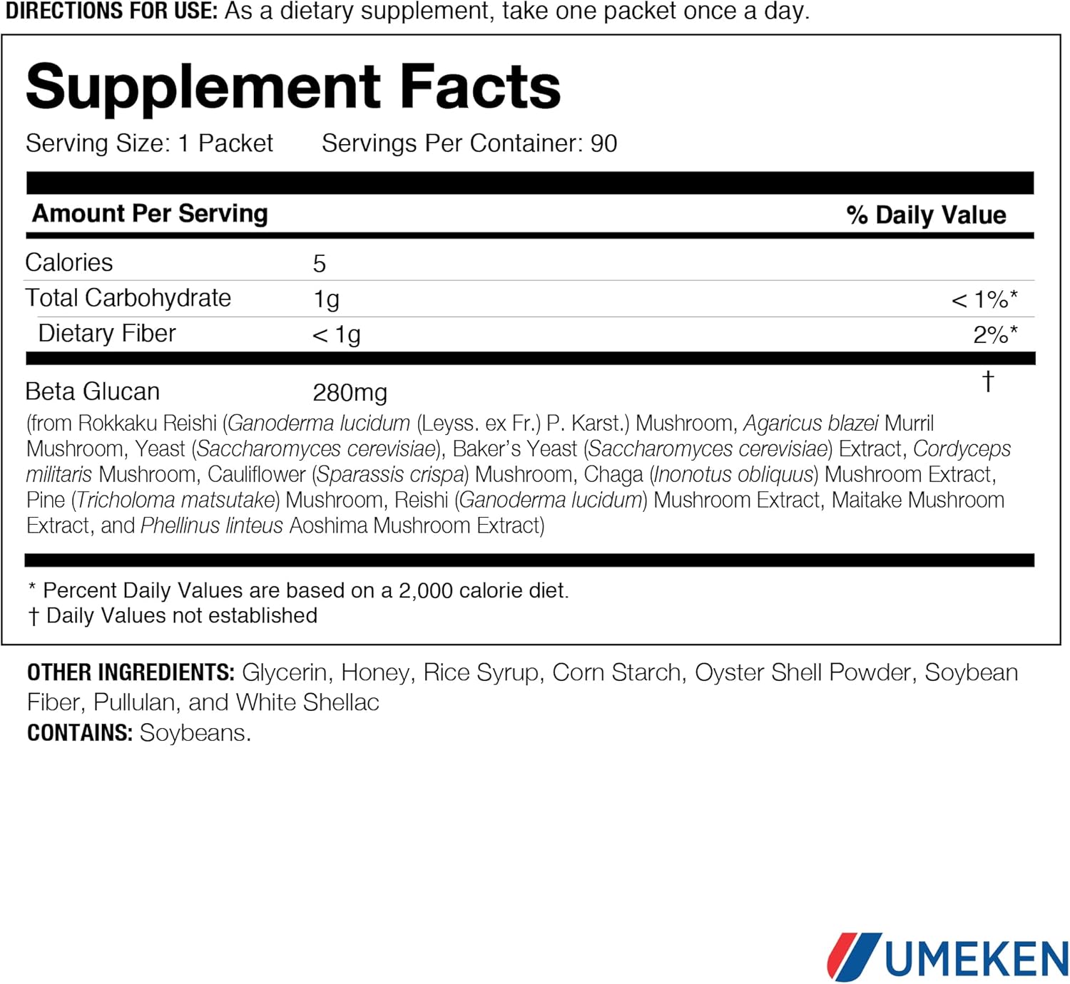 Umeken Beta Glucan Mushroom Extract Supplement, Immune Boost, 90 Packets, 3 Month Supply