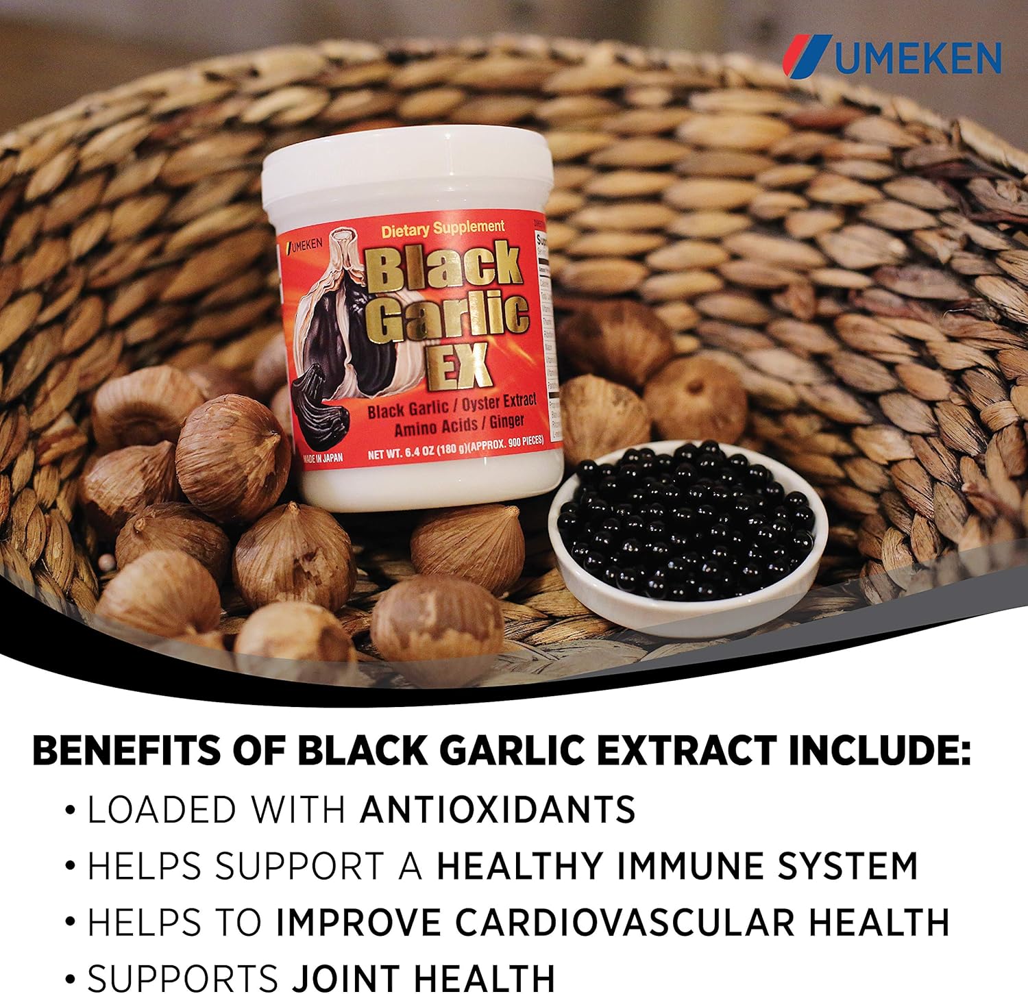 Umeken Black Garlic EX Supplement with Vitamin B, Allicin, Amino Acid, Oyster Extract, Ginger - 6.4 oz, Pack of 2 - 4-6 Month Supply