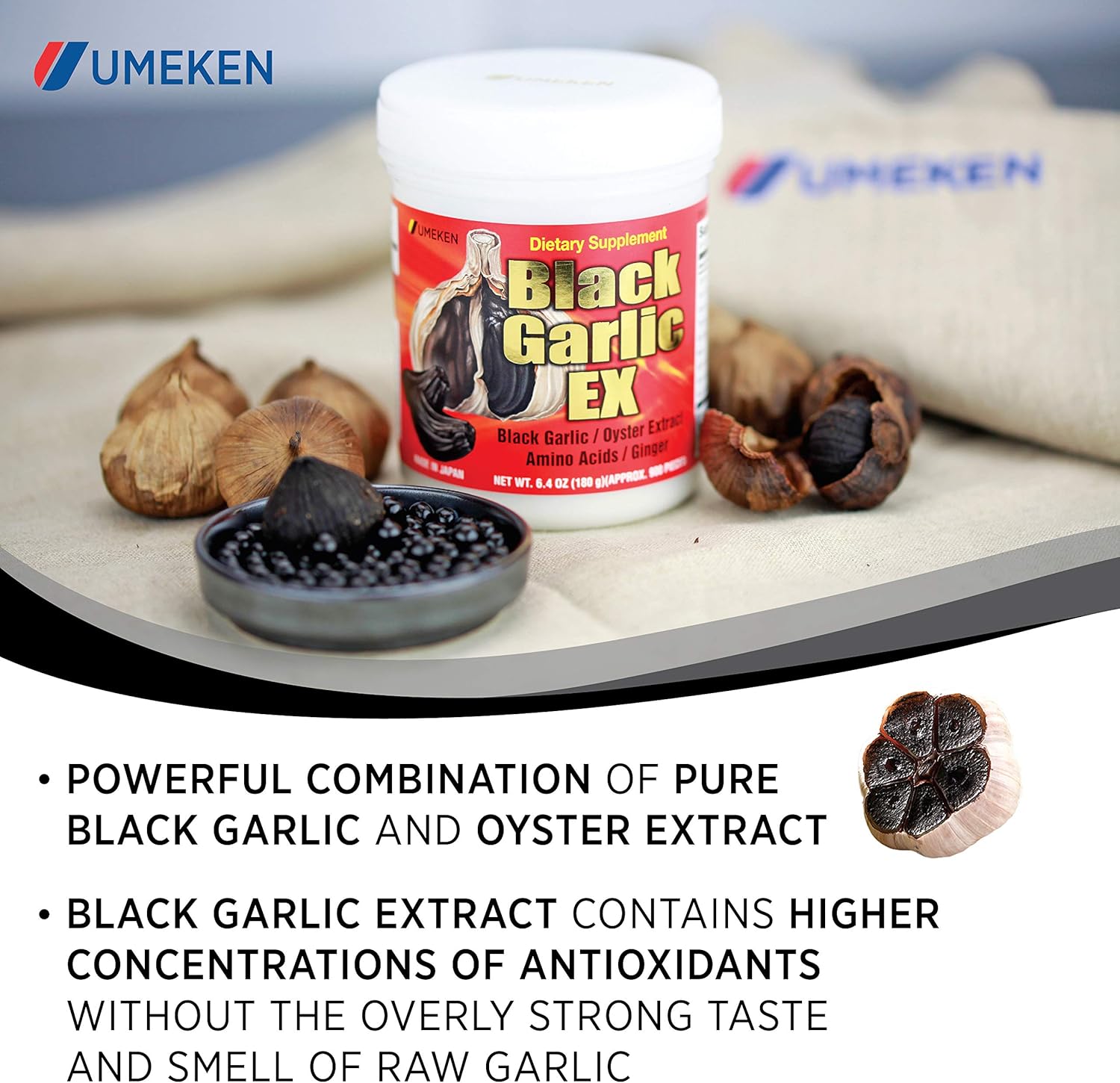 Umeken Black Garlic EX Supplement with Vitamin B, Allicin, Amino Acid, Oyster Extract, Ginger - 6.4 oz, Pack of 2 - 4-6 Month Supply