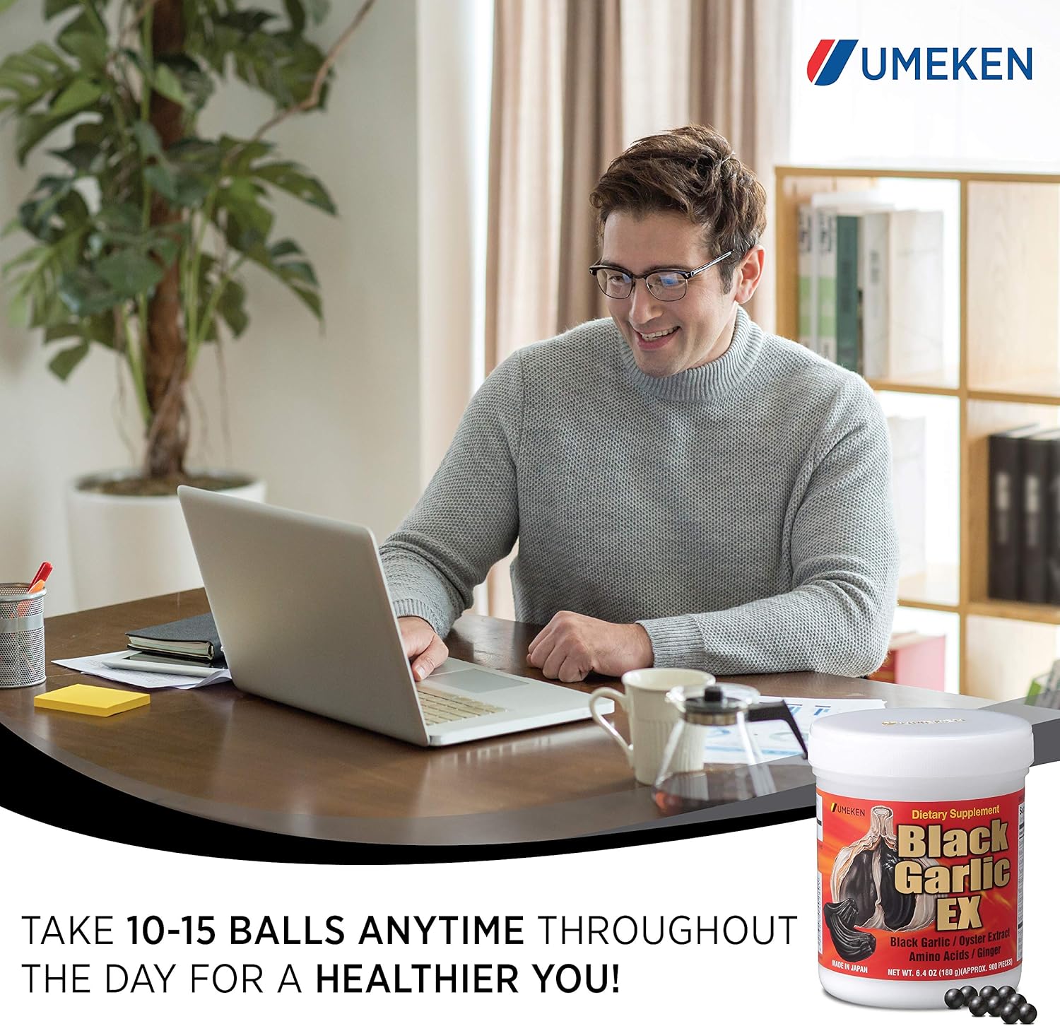 Umeken Black Garlic EX Supplement with Vitamin B, Allicin, Amino Acid, Oyster Extract, Ginger - 6.4 oz, Pack of 2 - 4-6 Month Supply