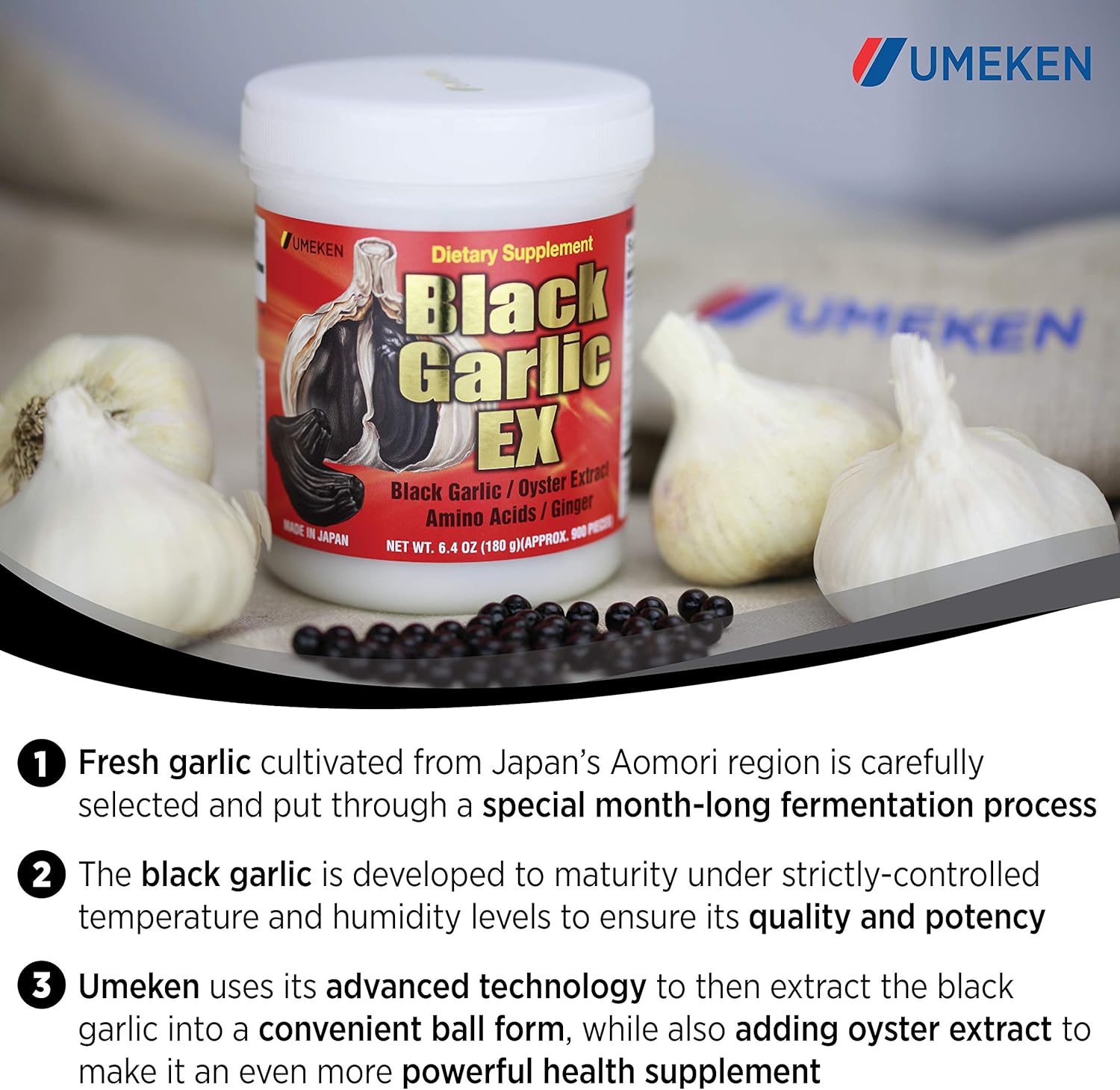 Umeken Black Garlic EX Supplement with Vitamin B, Allicin, Amino Acid, Oyster Extract, Ginger - 6.4 oz, Pack of 2 - 4-6 Month Supply