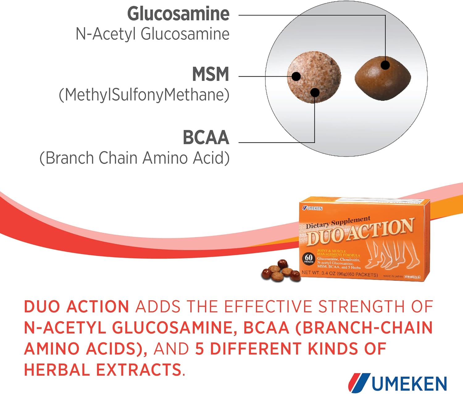 Umeken Duo Action Supplements with MSM, BCAA, Chondroitin & Glucosamine - 60 Packets, 1 Month Supply