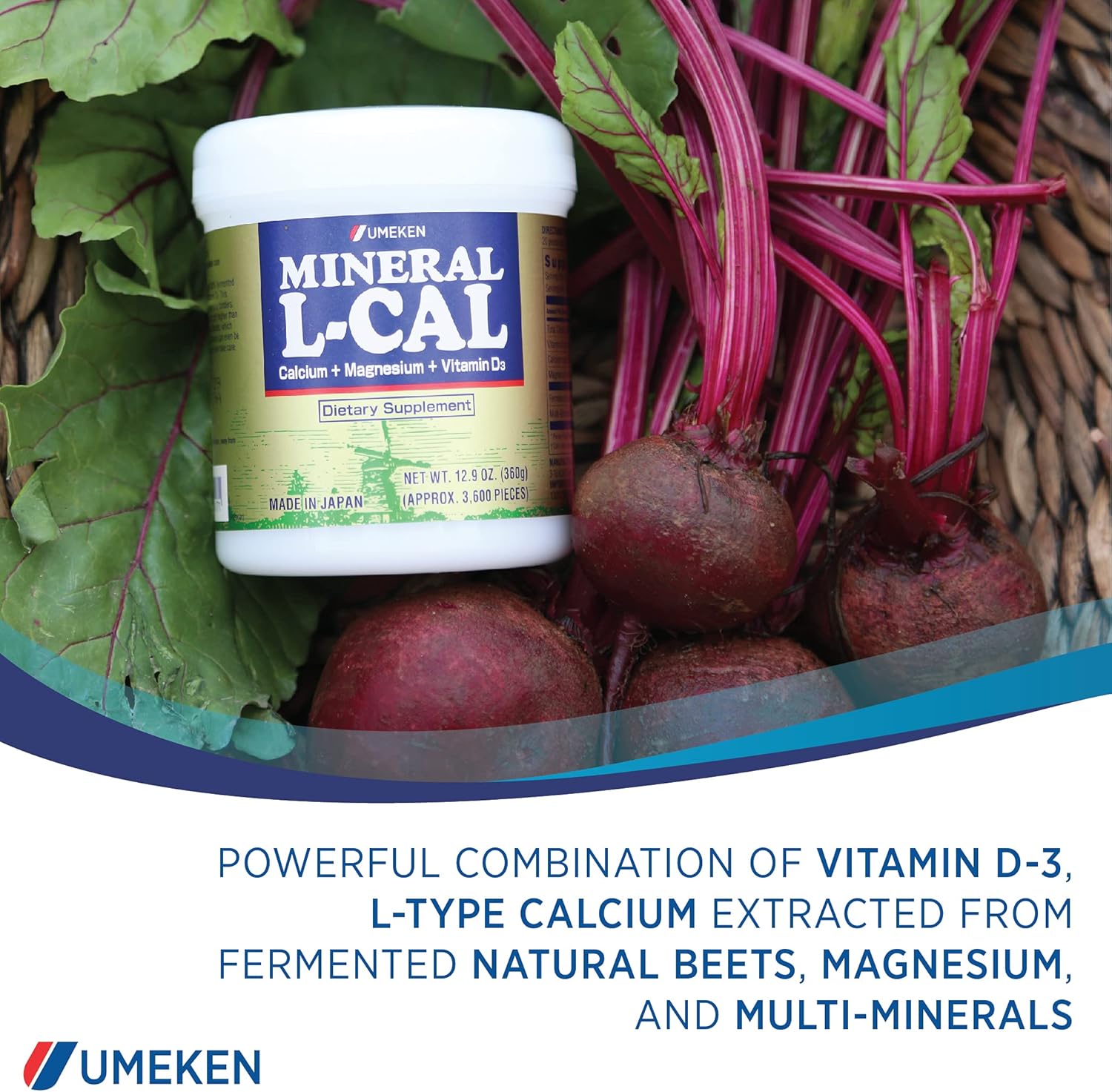Umeken Mineral L-Cal: Calcium Magnesium D3 Supplement in Water-Soluble Ball Format with Vitamin D3, Enriched with Magnesium and Minerals, Fast-Absorbing, 3,600 Balls & 360g