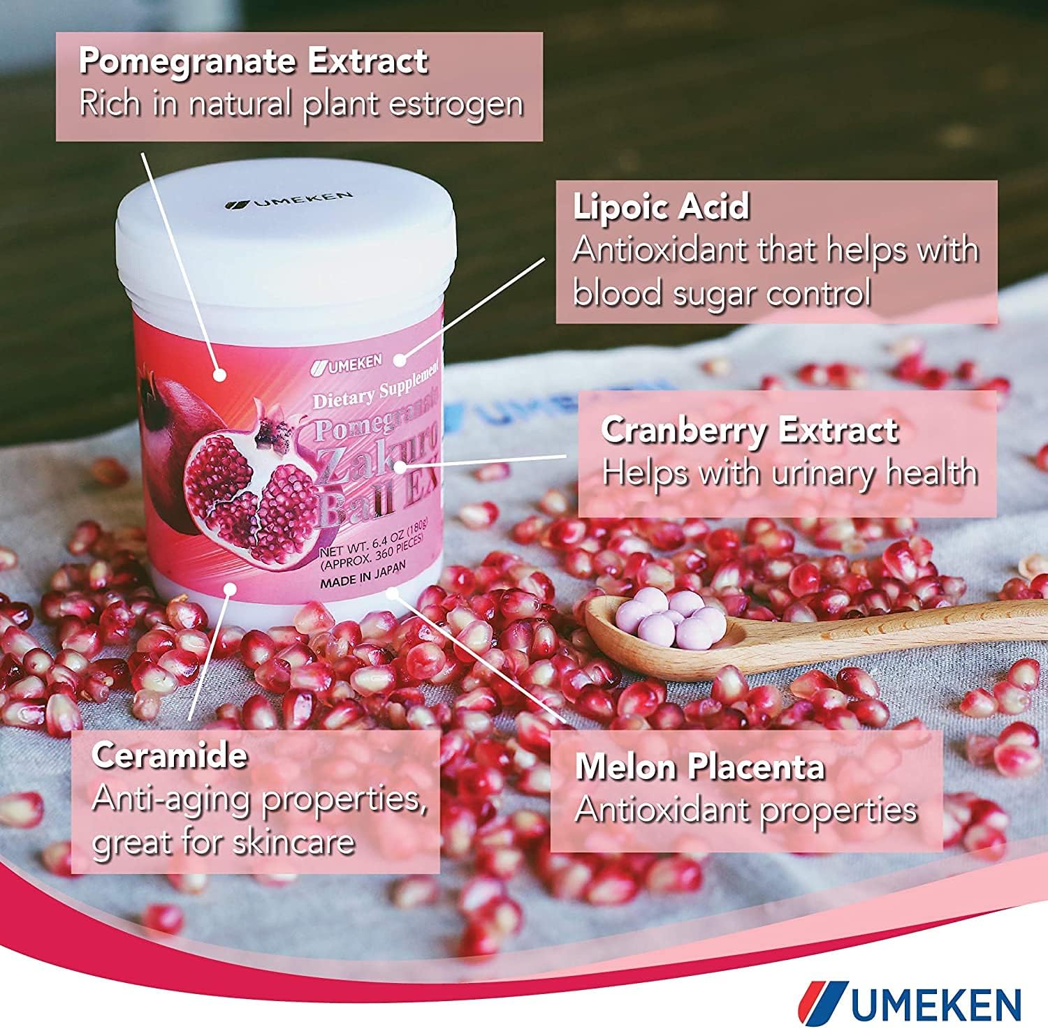 Umeken Pomegranate Chewable Supplement for Women - 360 Count Bottle (2 Month Supply) - Natural Vitamins, Minerals, Citric Acids, Tannins - Japanese Pomegranate Dietary Supplement