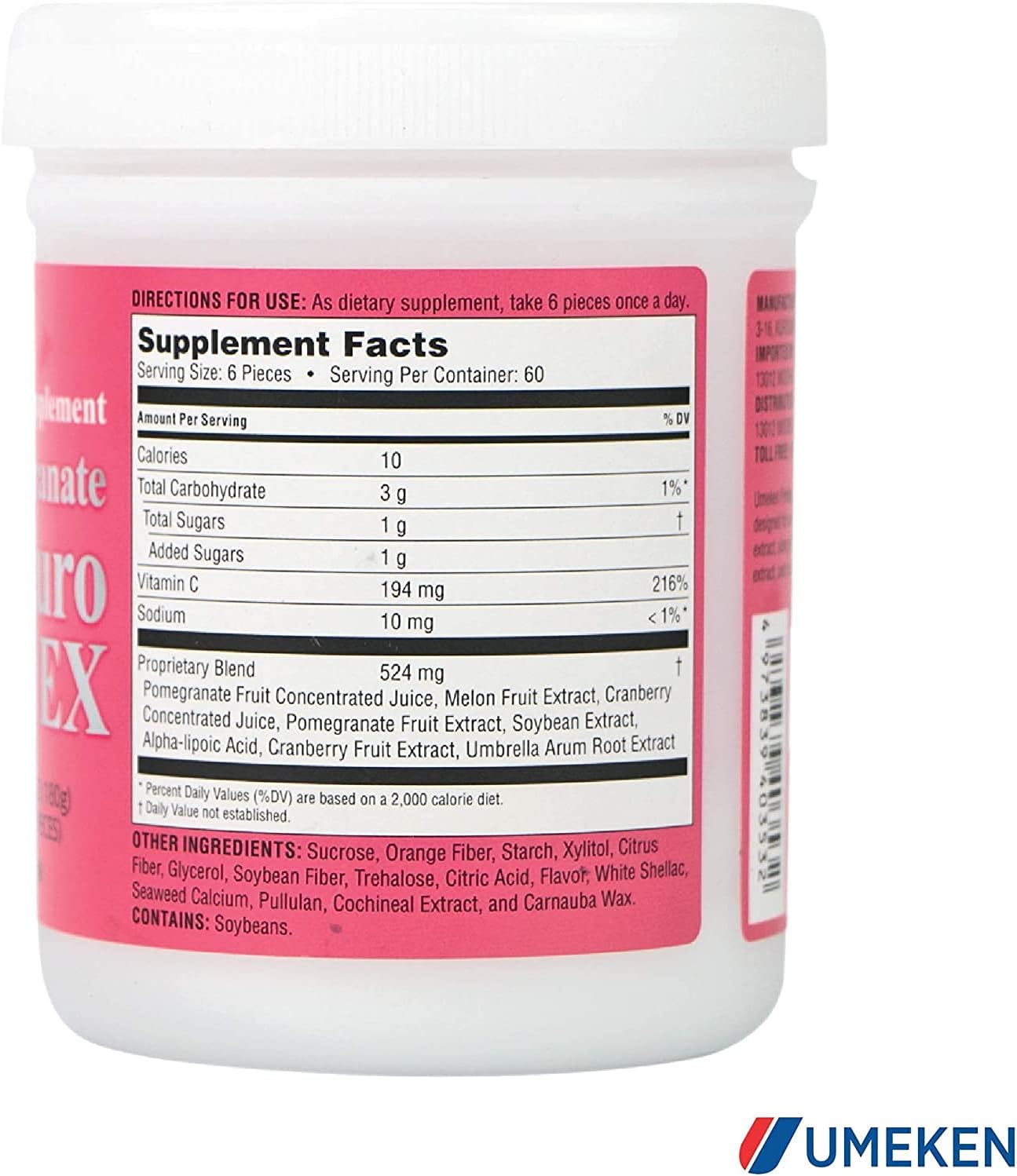 Umeken Pomegranate Chewable Supplement for Women - 360 Count Bottle (2 Month Supply) - Natural Vitamins, Minerals, Citric Acids, Tannins - Japanese Pomegranate Dietary Supplement