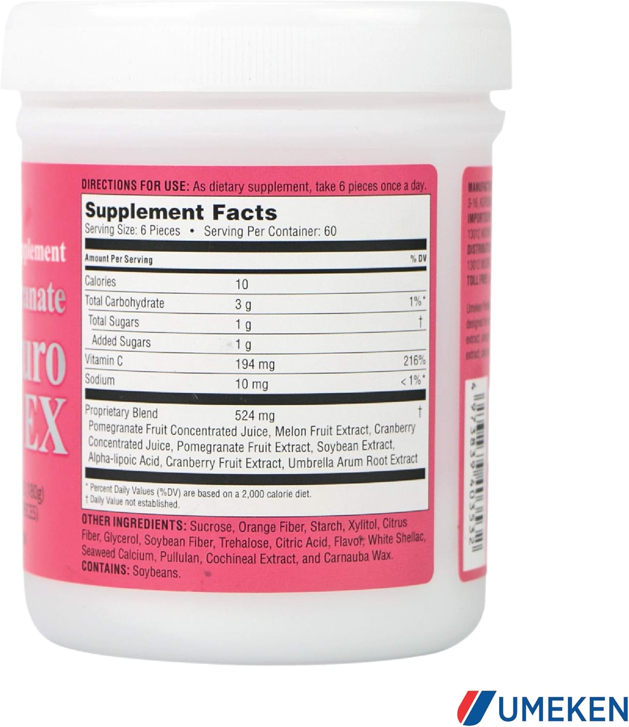 Umeken Pomegranate Chewable Supplement for Women - 4 Month Supply, 360 Count Bottle (2 Pack) - Natural Vitamins, Minerals, Citric Acids & Tannins