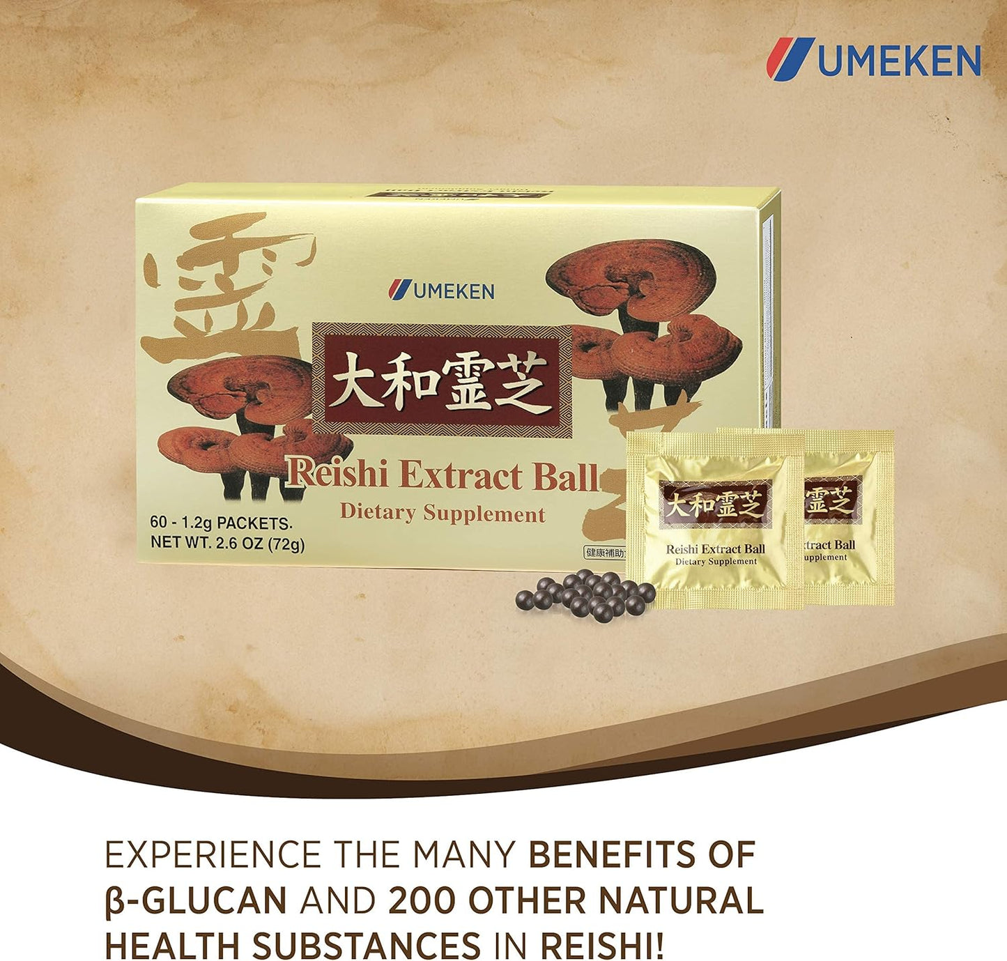 Umeken Reishi Mushroom Extract Balls - Concentrated Japanese Supplement with Beta Glucan - 4 Month Supply, 60 Packets x 2
