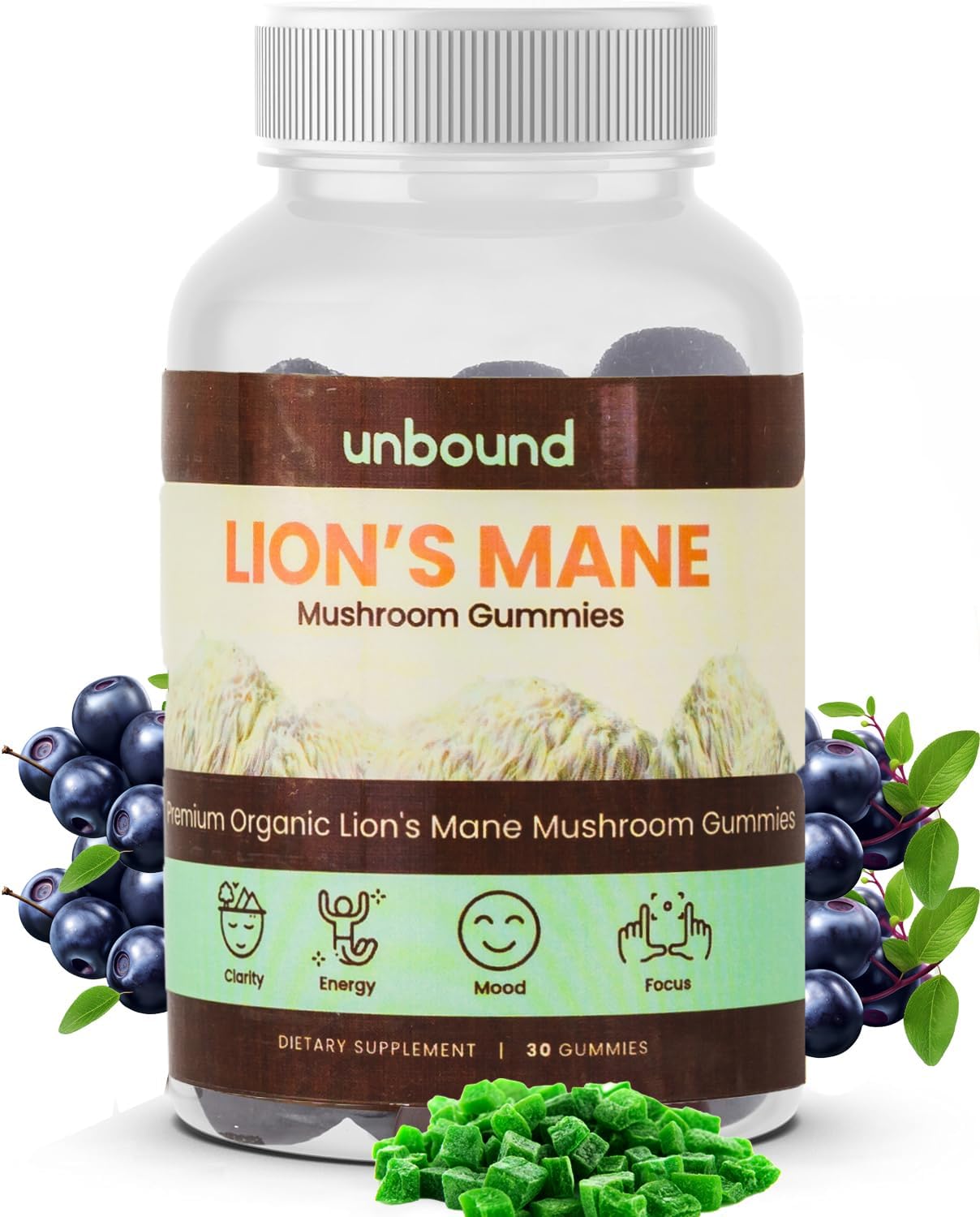 Unbound Premium Organic Lion's Mane Mushroom Gummies - Blue Raz Flavored, 30 Soft Chews
