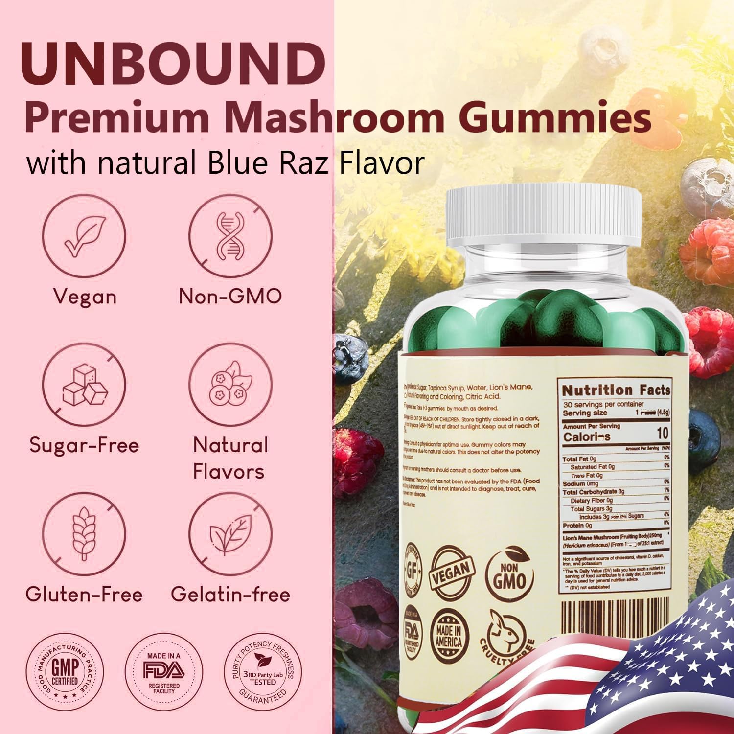 Unbound Premium Organic Lion's Mane Mushroom Gummies - Blue Raz Flavored, 30 Soft Chews
