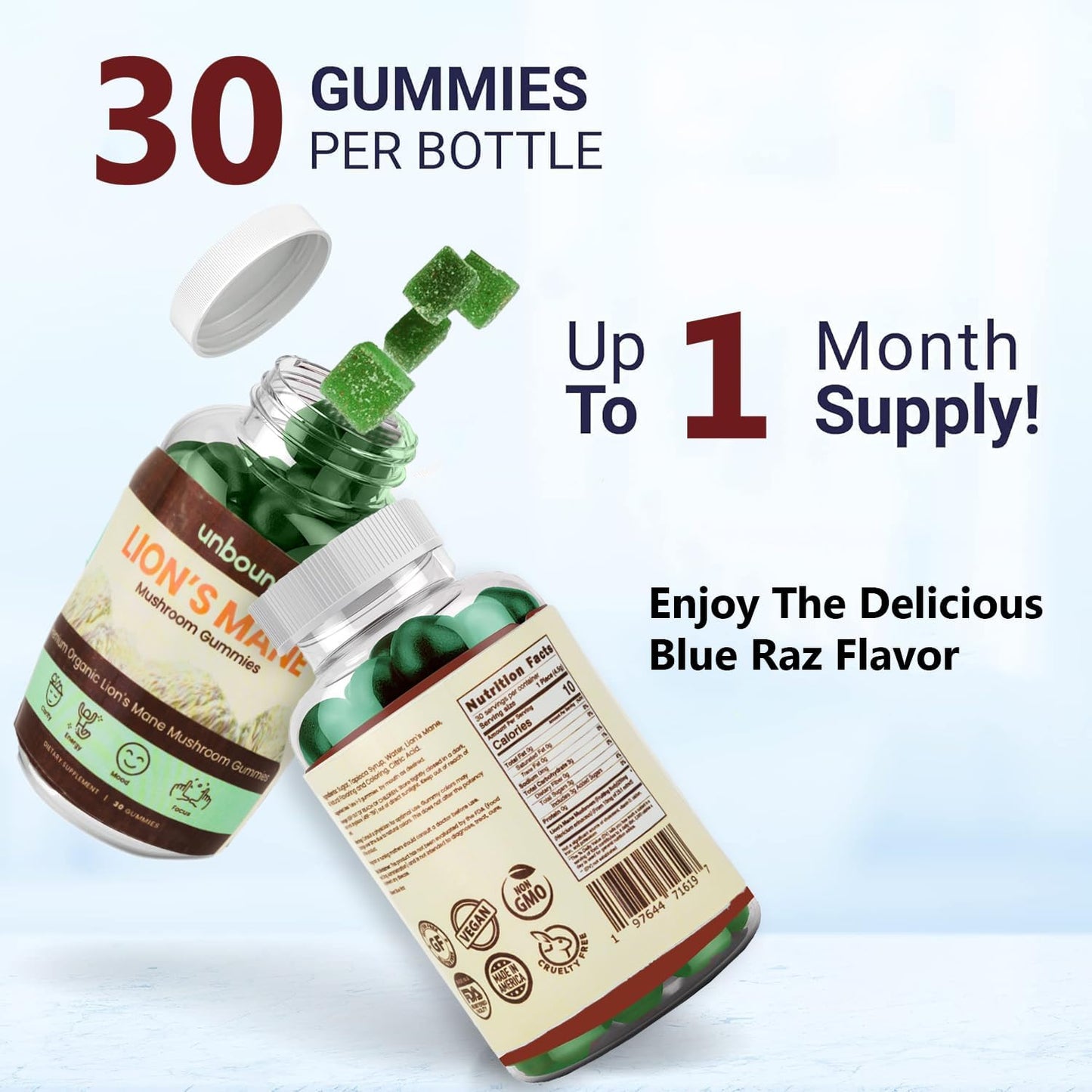 Unbound Premium Organic Lion's Mane Mushroom Gummies - Blue Raz Flavored, 30 Soft Chews