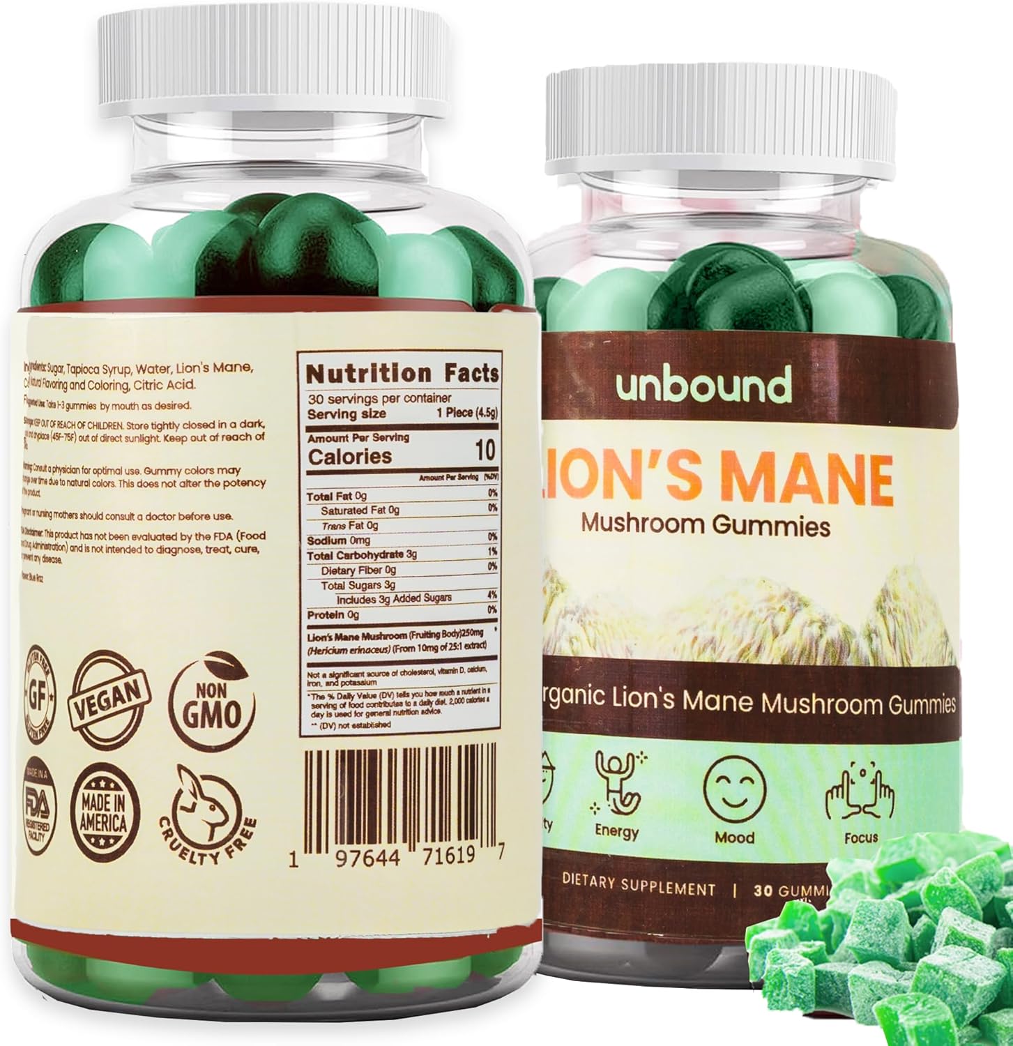 Unbound Premium Organic Lion's Mane Mushroom Gummies - Blue Raz Flavored, 30 Soft Chews