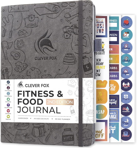 Undated Nutrition & Workout Planner for Women & Men - Clever Fox Fitness Journal - Diet & Gym Exercise Log Book - A5 Size, Hardcover - Grey