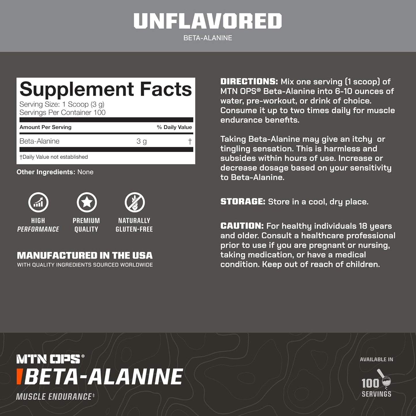 Unflavored Beta Alanine Powder Pre Workout, 3g per Serving, 100 Servings - MTN OPS