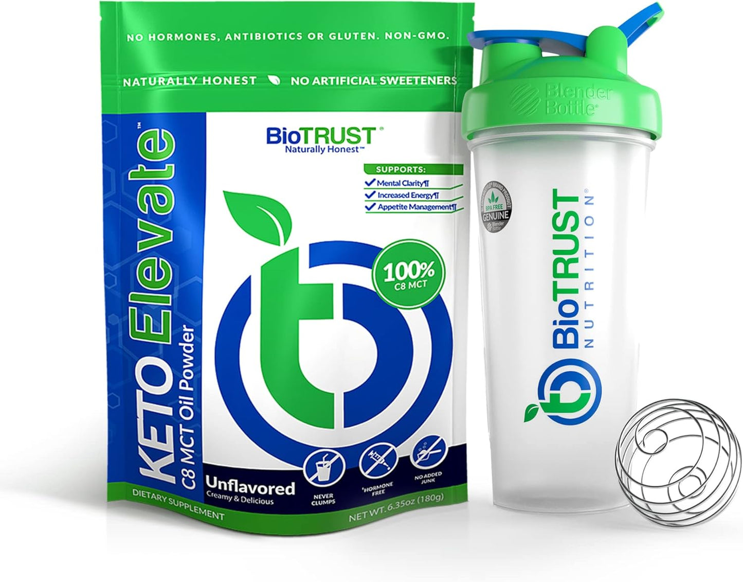 Unflavored BioTrust Keto Elevate Pure C8 MCT Oil Powder with BlenderBottle - Bundle Deal