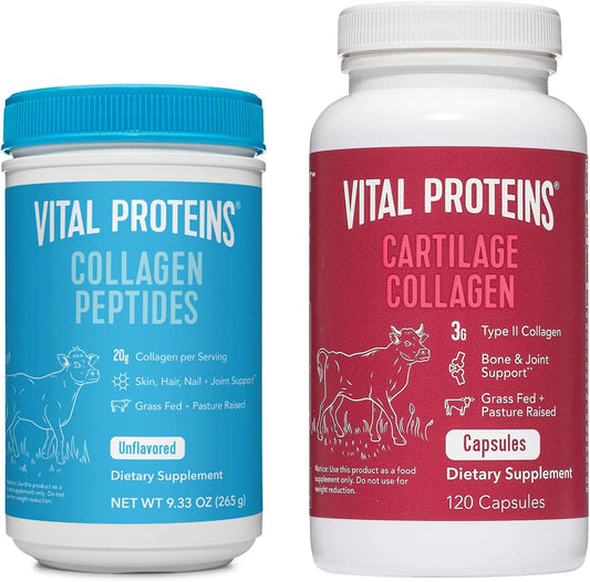 Unflavored Collagen Peptides Powder and Collagen Pills Combo Pack 9.33 OZ + 120 Capsules