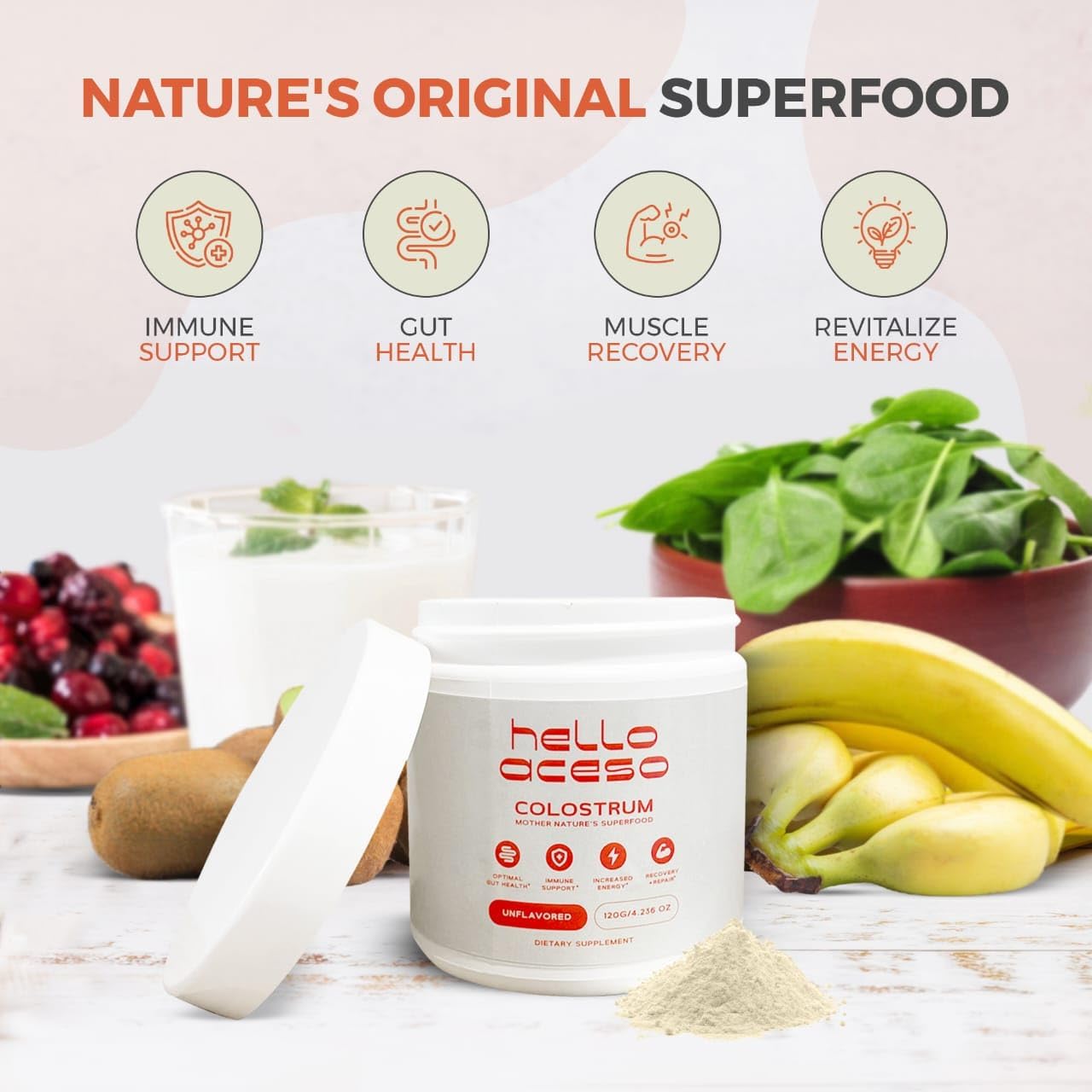 Unflavored Colostrum Powder for Immune Support, Energy Boost, and Gut Health - Superfood Supplement for Men and Women