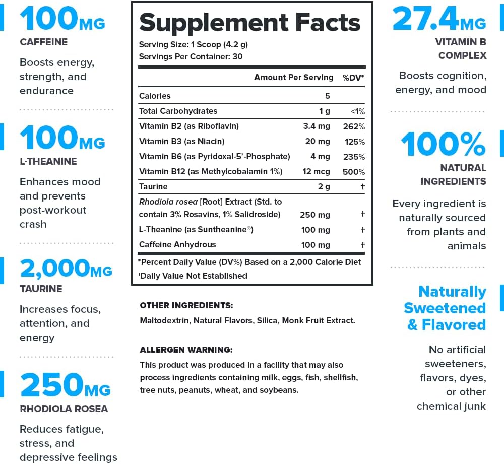 Unflavored Energy Supplement Powder with Caffeine, Taurine, and Vitamin B Complex - Natural Sweetener for Healthy Energy Drinks (120g)