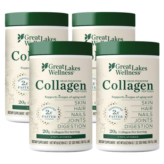 Unflavored Great Lakes Wellness Collagen Peptides Powder 16 oz - 4 Pack - Hydrolyzed for Skin, Hair, Nails, Joints & Digestion - Non-GMO, Keto, Kosher - Fast Dissolve Formula - BoostGo Australia