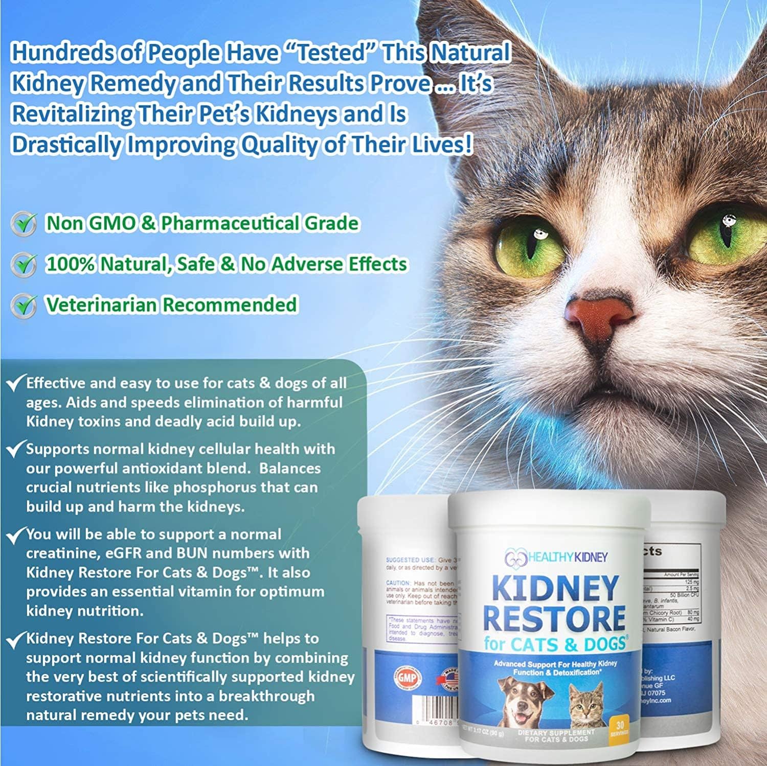 Unflavored Kidney Restore Supplement for Cats and Dogs - Supports Normal Kidney Function and Health in Pets