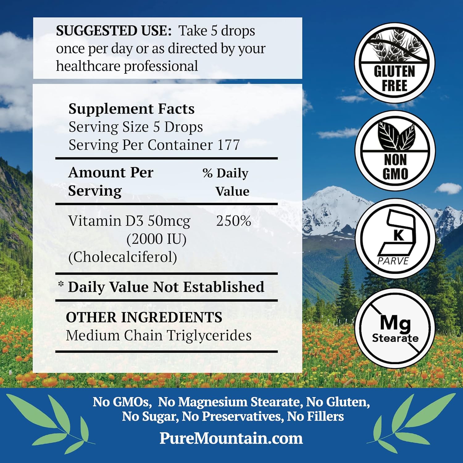 Unflavored Kosher D3 Liquid Vitamin D Drops with MCT Oil - 2000iu - 1oz Bottle