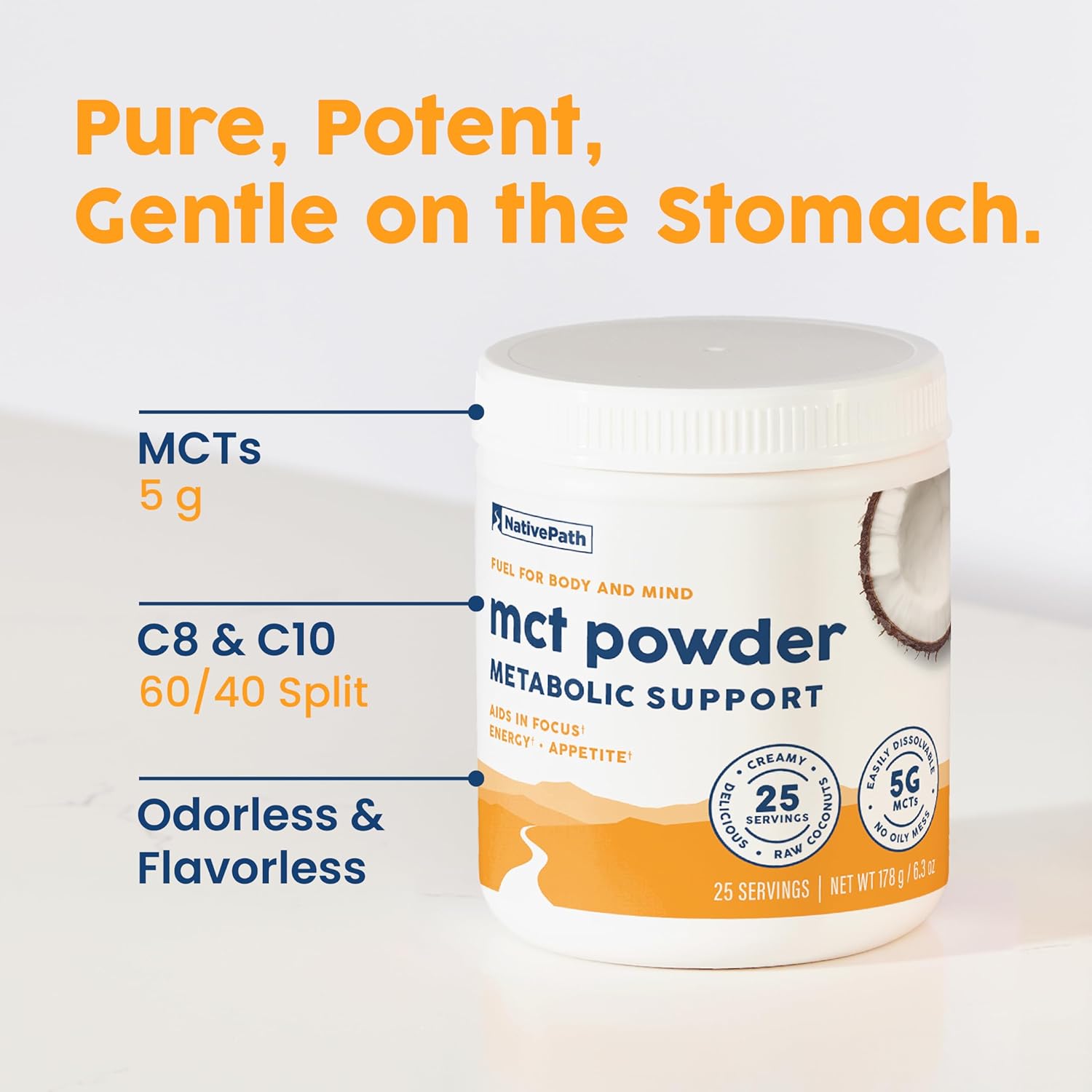 Unflavored MCT Oil Powder Supplement with Keto-Friendly C8 MCTs - Dairy, Gluten, and GMO-Free, 25 Servings