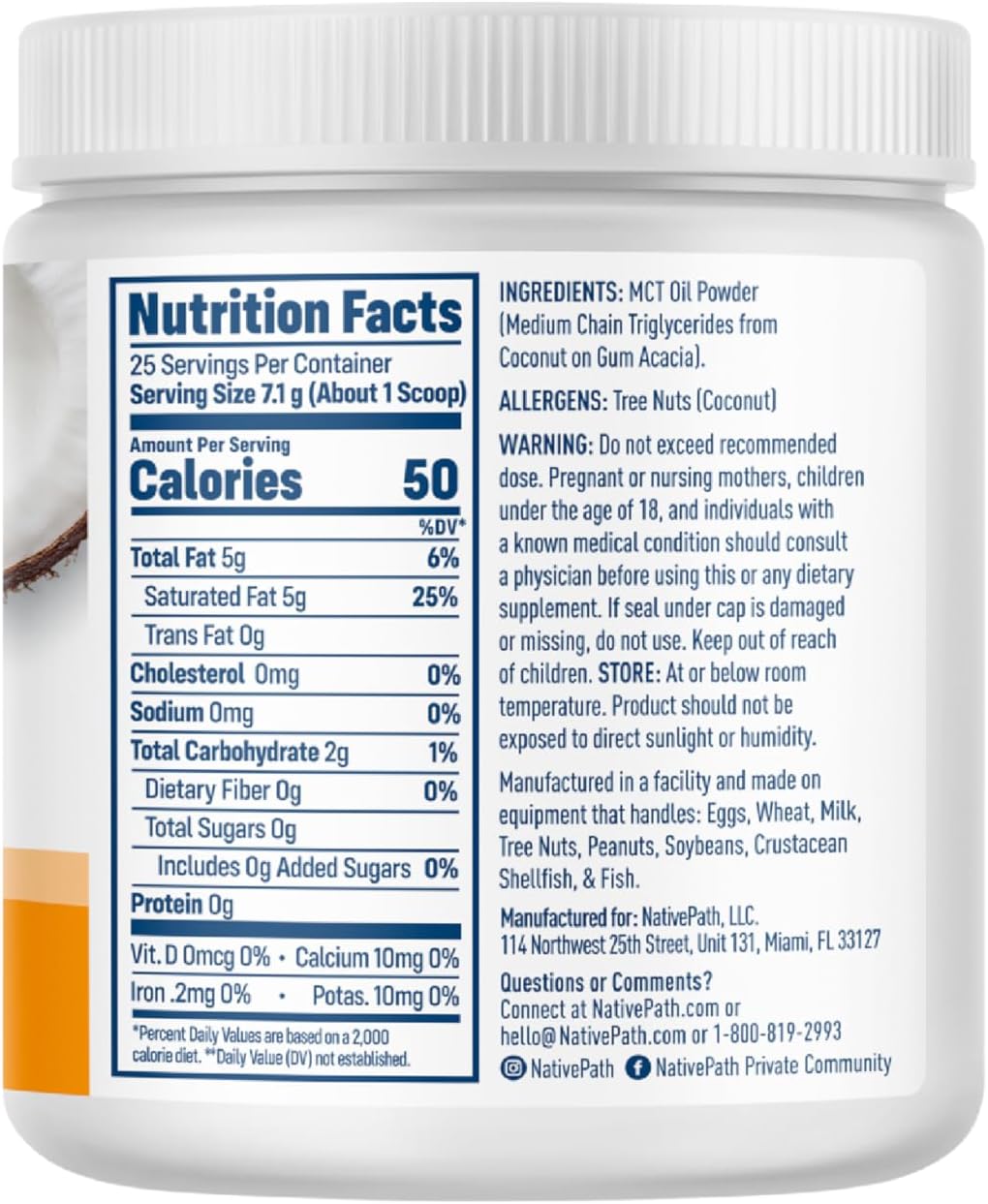Unflavored MCT Oil Powder Supplement with Keto-Friendly C8 MCTs - Dairy, Gluten, and GMO-Free, 25 Servings