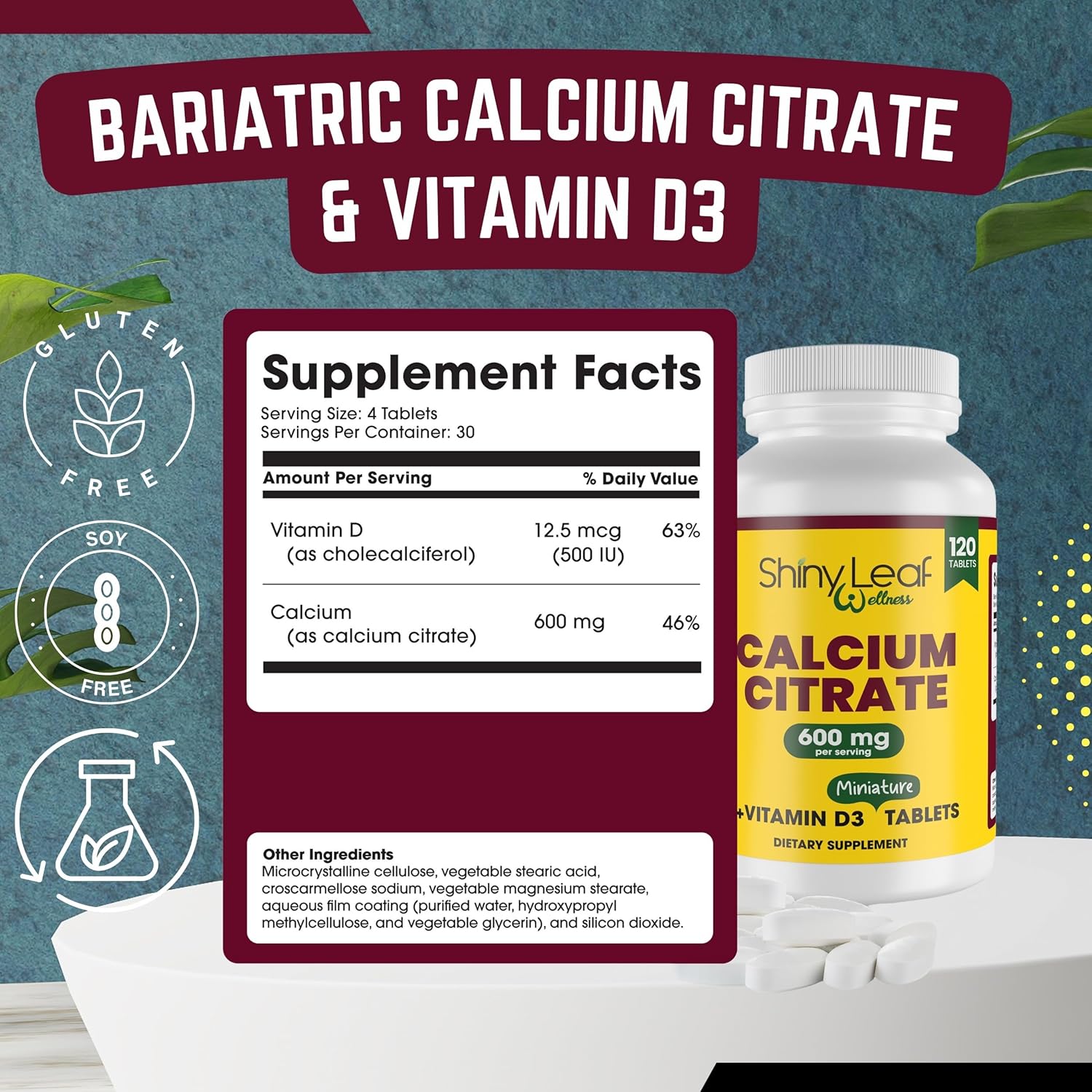 Unflavored Mini Calcium Citrate Tablets with Vitamin D3 for Men and Women - Easy Swallow Calcium Supplement - 30 Days Supply