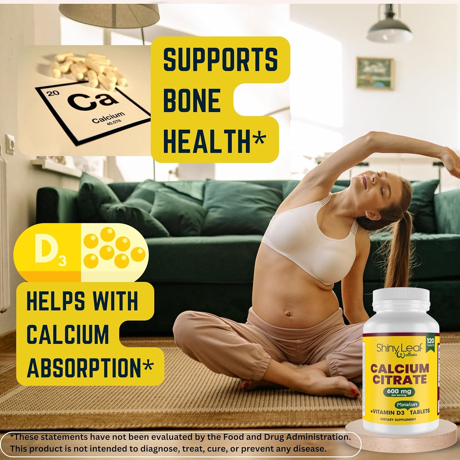 Unflavored Mini Calcium Citrate Tablets with Vitamin D3 for Men and Women - Easy Swallow Calcium Supplement - 30 Days Supply