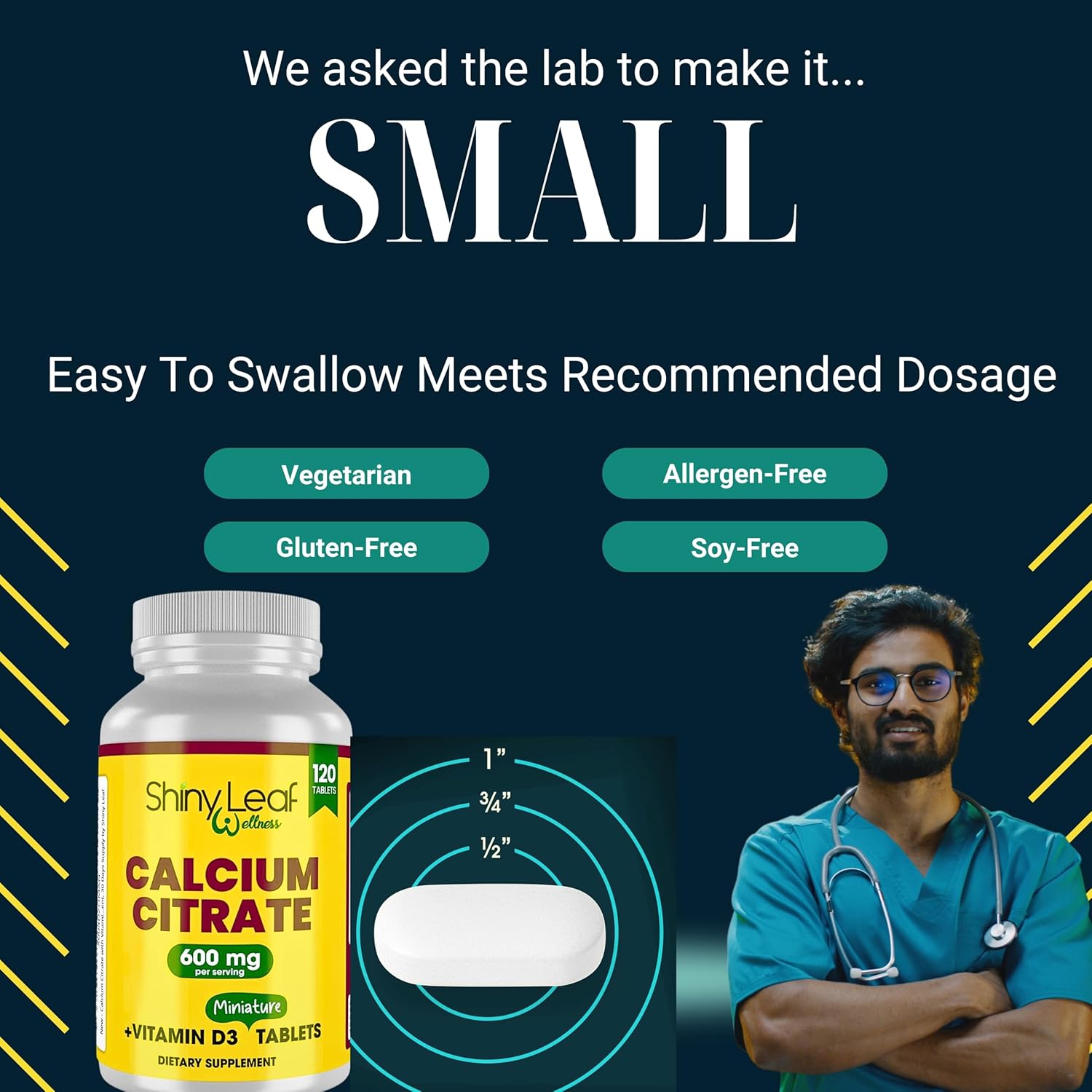Unflavored Mini Calcium Citrate Tablets with Vitamin D3 for Men and Women - Easy Swallow Calcium Supplement - 30 Days Supply