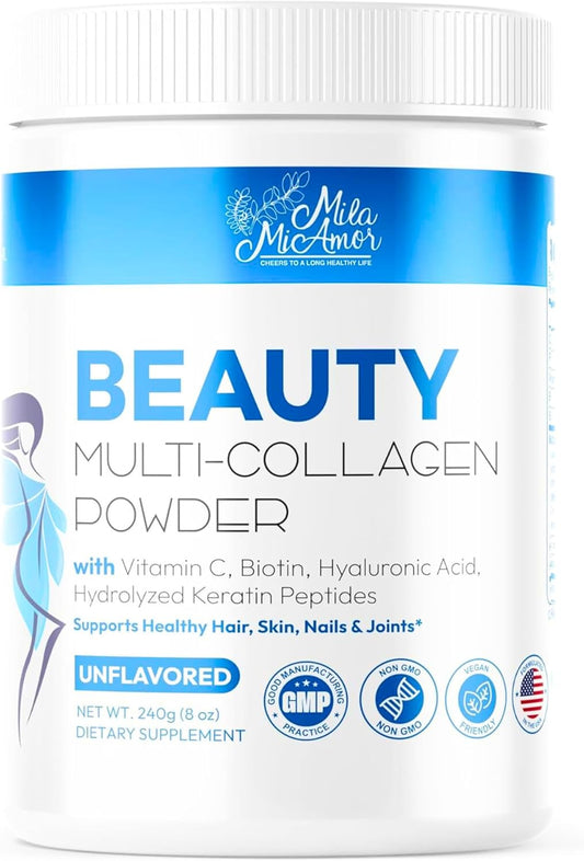 Unflavored Multi Collagen Powder with Vitamin C, Biotin, Hyaluronic Acid & Keratin - 8oz, 30 Servings - Non-GMO, Gluten-Free Collagen Supplements