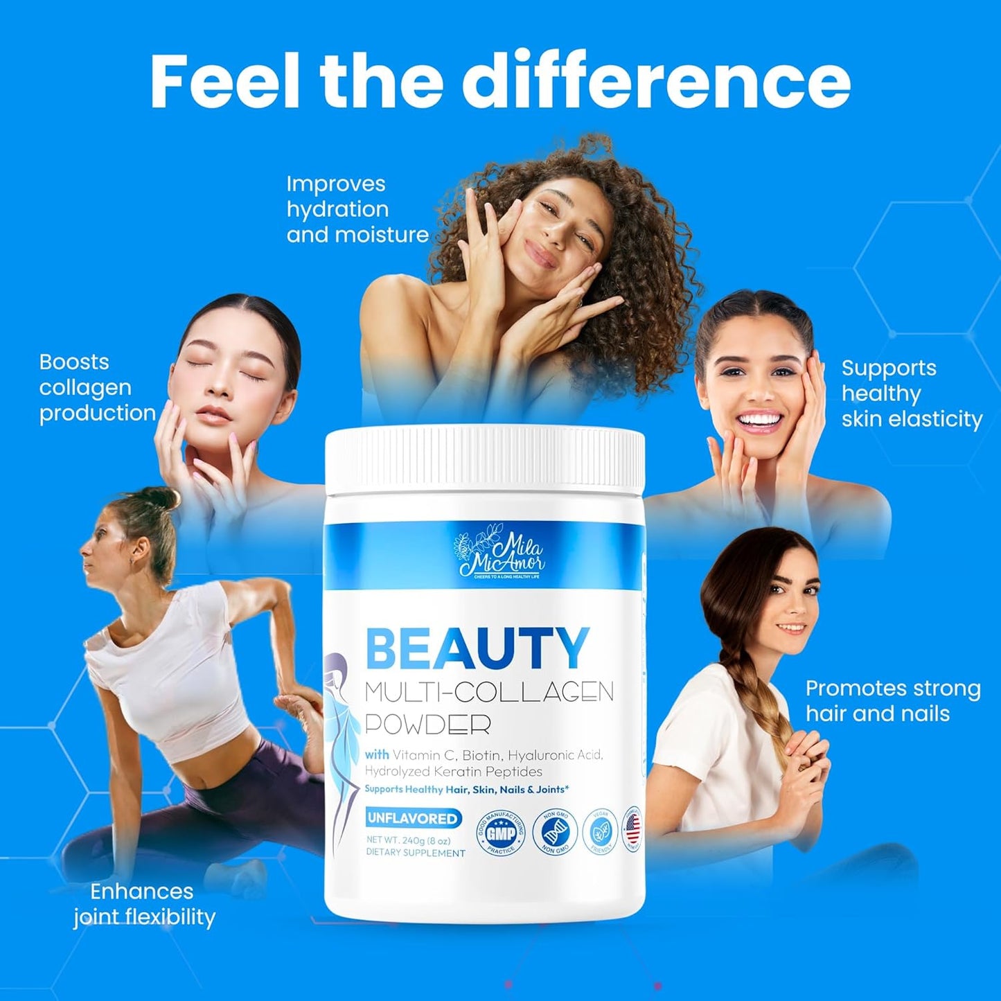 Unflavored Multi Collagen Powder with Vitamin C, Biotin, Hyaluronic Acid & Keratin - 8oz, 30 Servings - Non-GMO, Gluten-Free Collagen Supplements