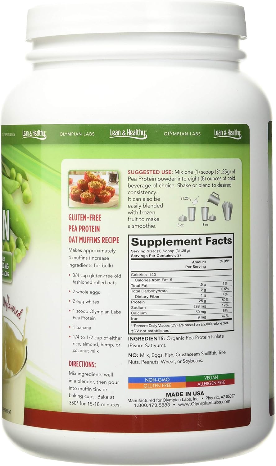 Unflavored Plant Based Pea Protein Powder - 25g Protein, Vegan, Low Carb, Gluten Free, Lactose Free, No Sugar, Soy Free, Kosher, Non-GMO - 2lb