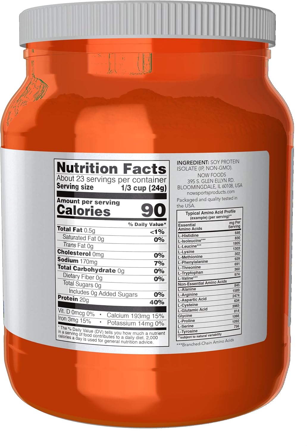 Unflavored Soy Protein Isolate Powder for Sports Nutrition - 20g Protein, 0 Carbs - 1.2lb by NOW Foods