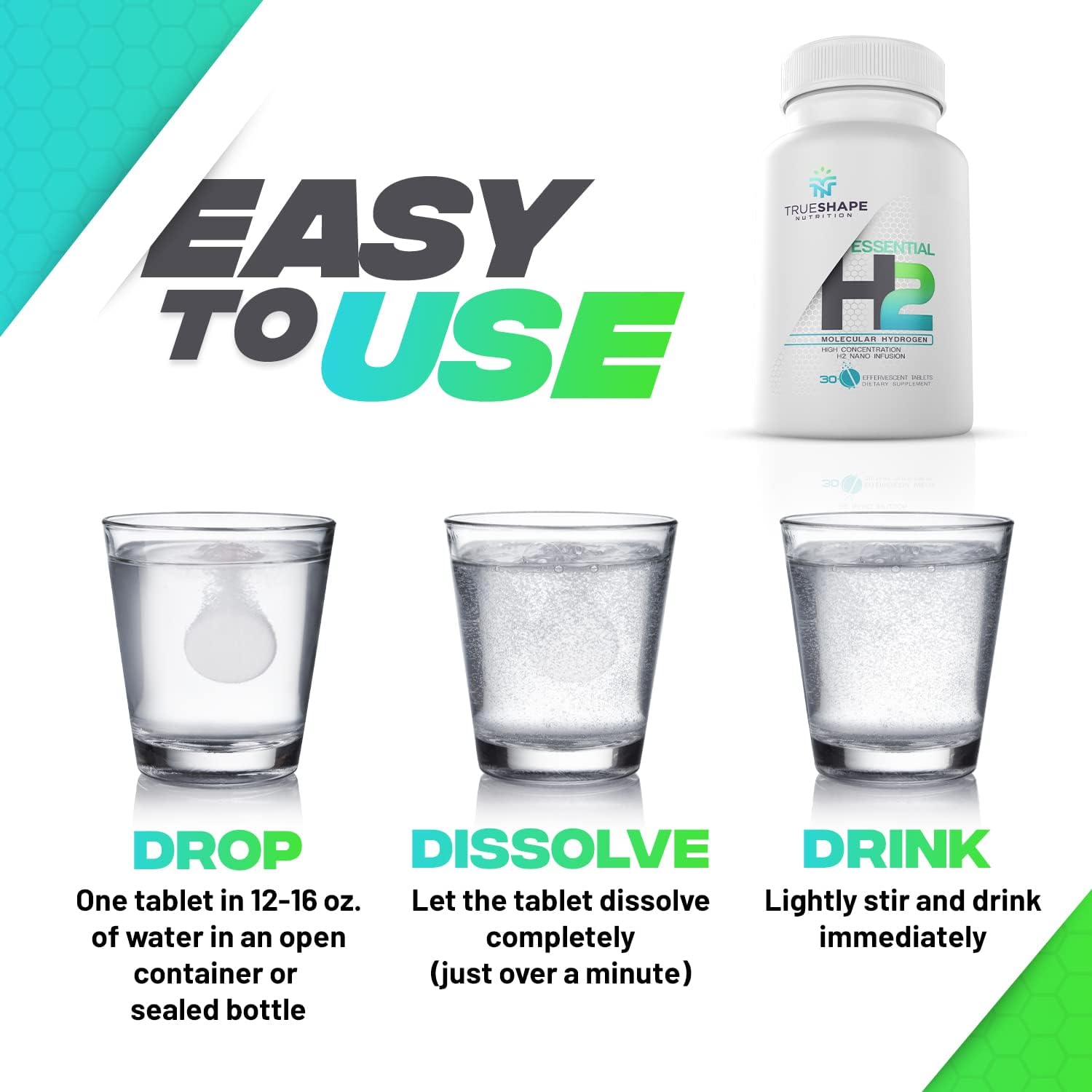 Unflavored TrueShape Nutrition Essential H2 Fizzy Molecular Hydrogen Tablets - Water Supplement (30 Servings)