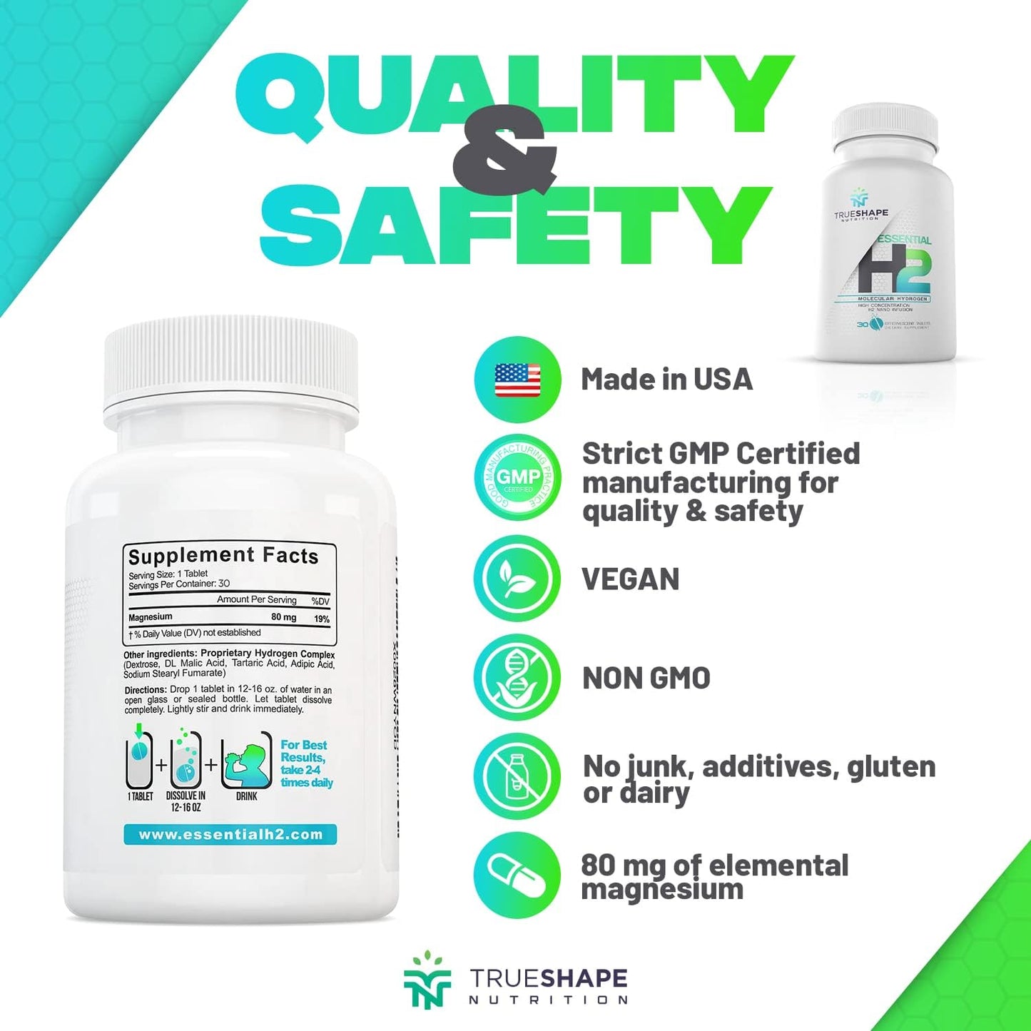 Unflavored TrueShape Nutrition Essential H2 Fizzy Molecular Hydrogen Tablets - Water Supplement (30 Servings)